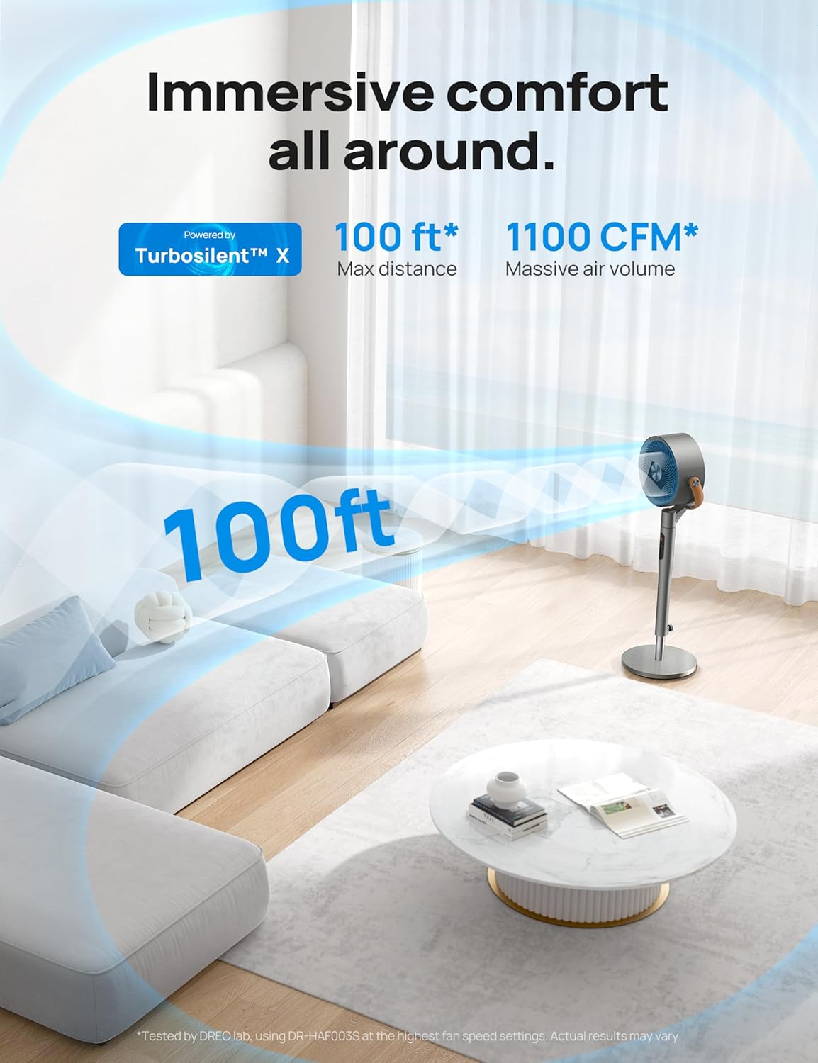 DREO Pedestal Fan with Remote, PolyFan 513S, 43'' Quiet Standing Fan for Home Bedroom, 120°+105° Smart Oscillating Floor Fans with Wi-Fi/Voice Control, Works with Alexa/Google, 6 Modes, 8 Speeds