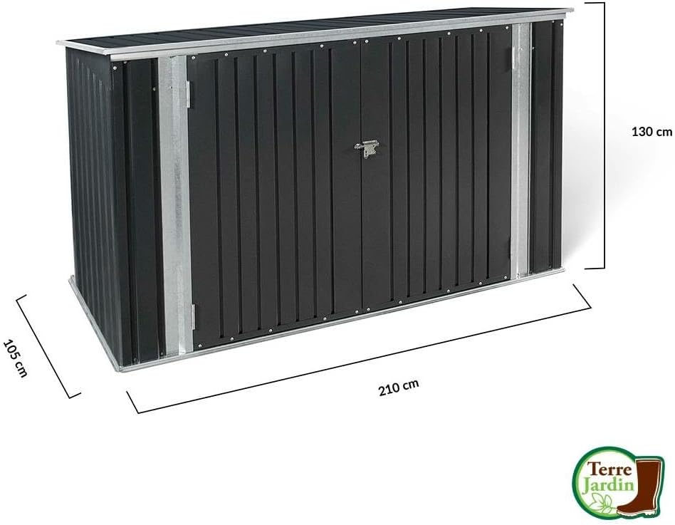 TERRE JARDIN - Abri de jardin métal 210x105x130cm - toit ouvrant, double porte, rangement vélos