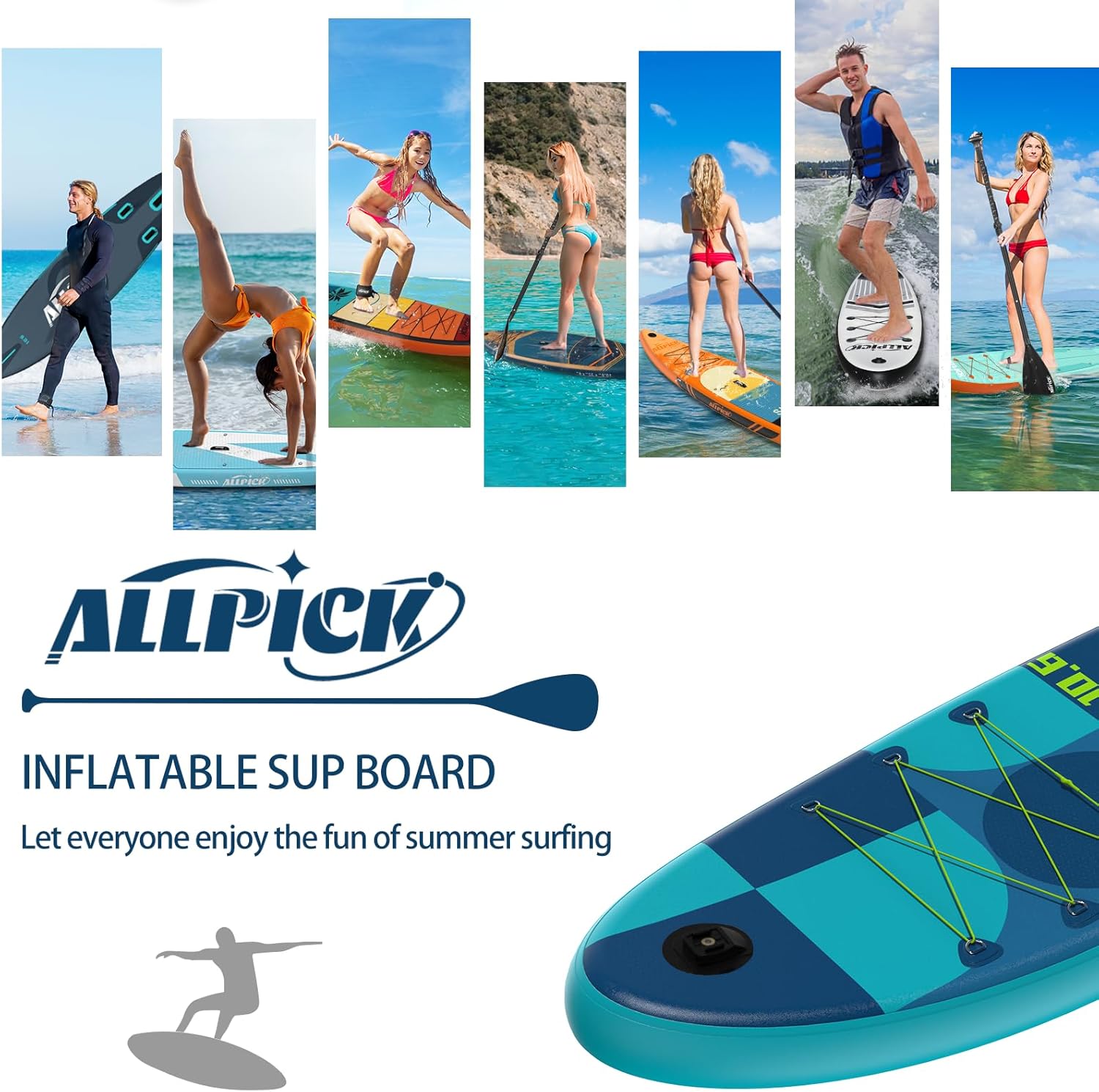 ALLPICK Paddle Gonflable, Kit de Padelsurf de Stand Up Paddle Sup Gonflable de 320 cm, avec Support Universel pour Caméra, Pagaie réglable, Débutants et confirmés, 200 kg