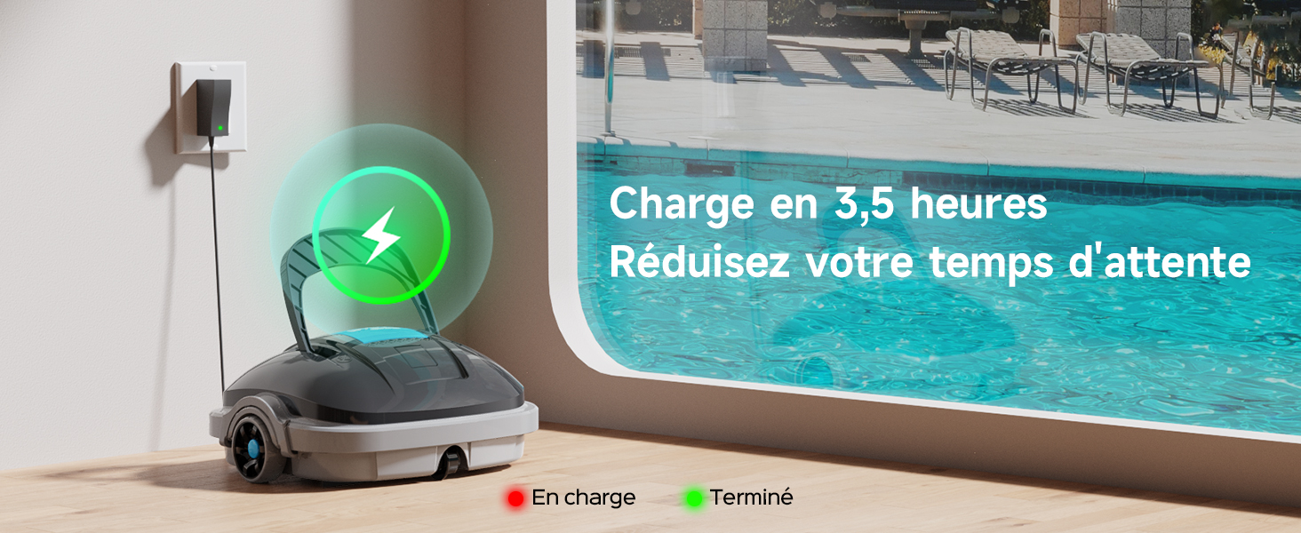 Texte : « Charge en 3,5 heures ». Robot de nettoyage de piscine montré en fonctionnement sous l'eau avec un voyant LED lumineux visible.