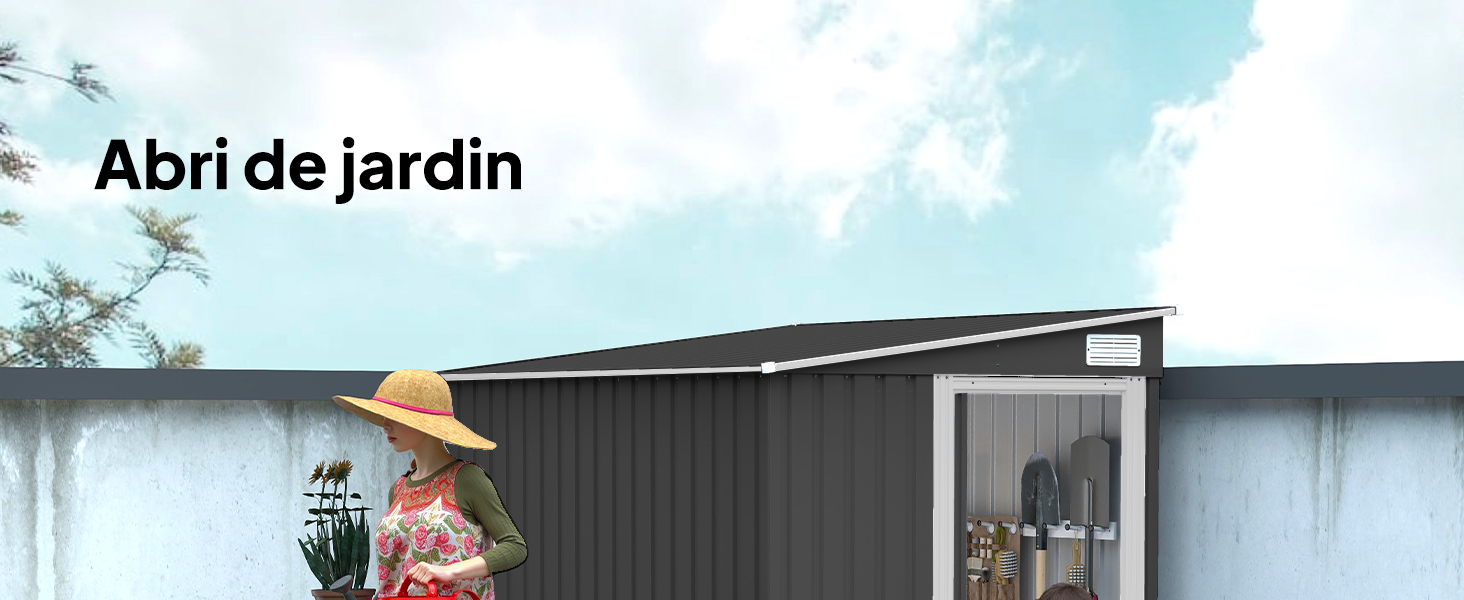 Le texte indique « Abri de jardin ». Abri de jardin ou structure de rangement extérieure présentée en construction métallique grise avec porte coulissante.