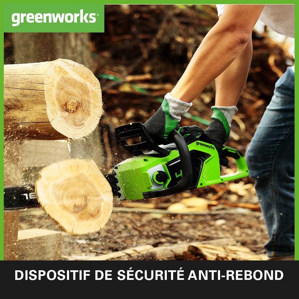 Greenworks GD40CS18 Tronçonneuse à Batterie avec Moteur Sans Balais, Longueur du Guide-Chaîne de 16-Pouces (40 cm), Vitesse de Chaîne de 20 m/s, 3,81kg, Anti-Rebond, SANS Batterie 40V et Chargeur