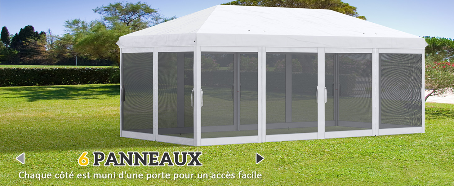 Grand belvédère extérieur blanc avec moustiquaires sur tous les côtés, installé sur une pelouse. L'un des côtés est muni d'une porte pour un accès facile.
