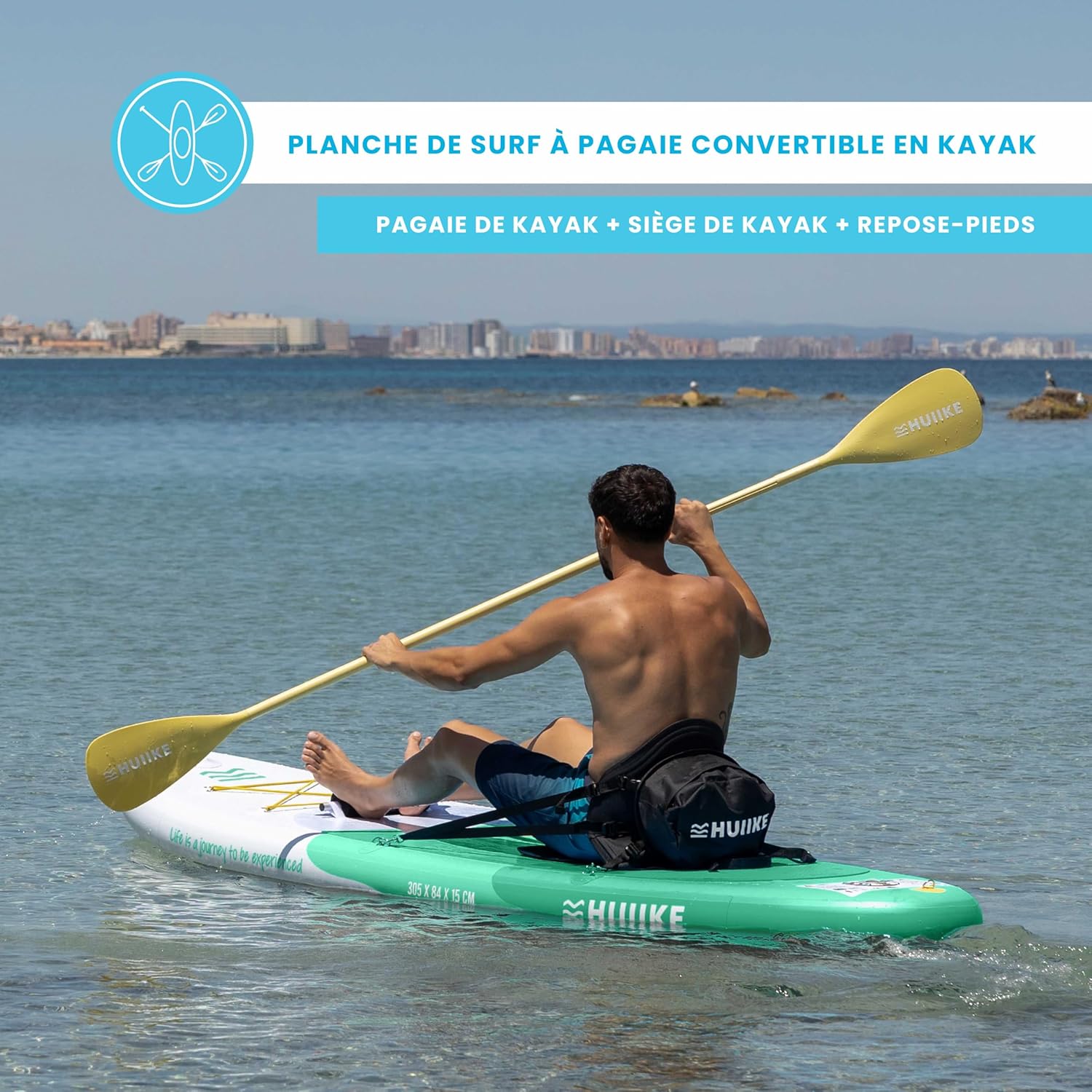 HUIIKE Paddle Gonflable Adulte avec Accessoires Inclus, Pagaie, Ailerons, Pompe. Planche de Stand Up Paddle Grande Stabilité et Résistance. 305 x 84 x 15 cm, Jusqu'à 130 kg