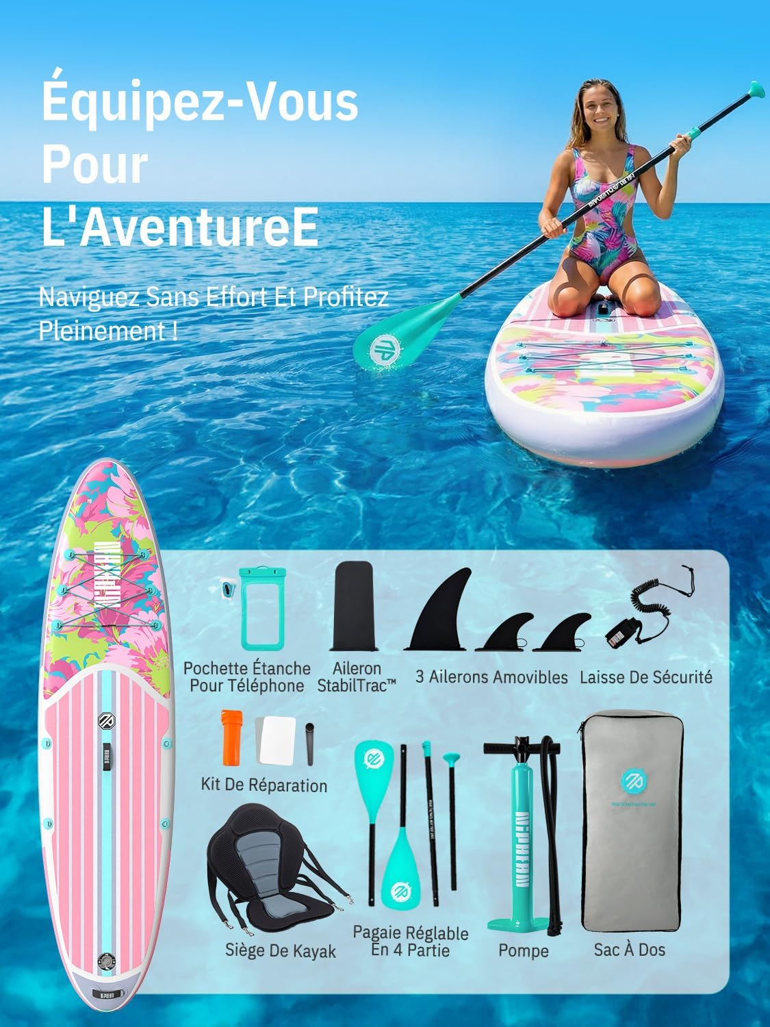 Niphean Paddle Gonflable Adulte avec Tous Les Accessoires, 320cm Planches de Stand Up Paddle Gonflables pour Tous Les Niveaux, Sup avec Capacité 200 kg pour 2 Personnes, Paddle Gonflable avec Siège