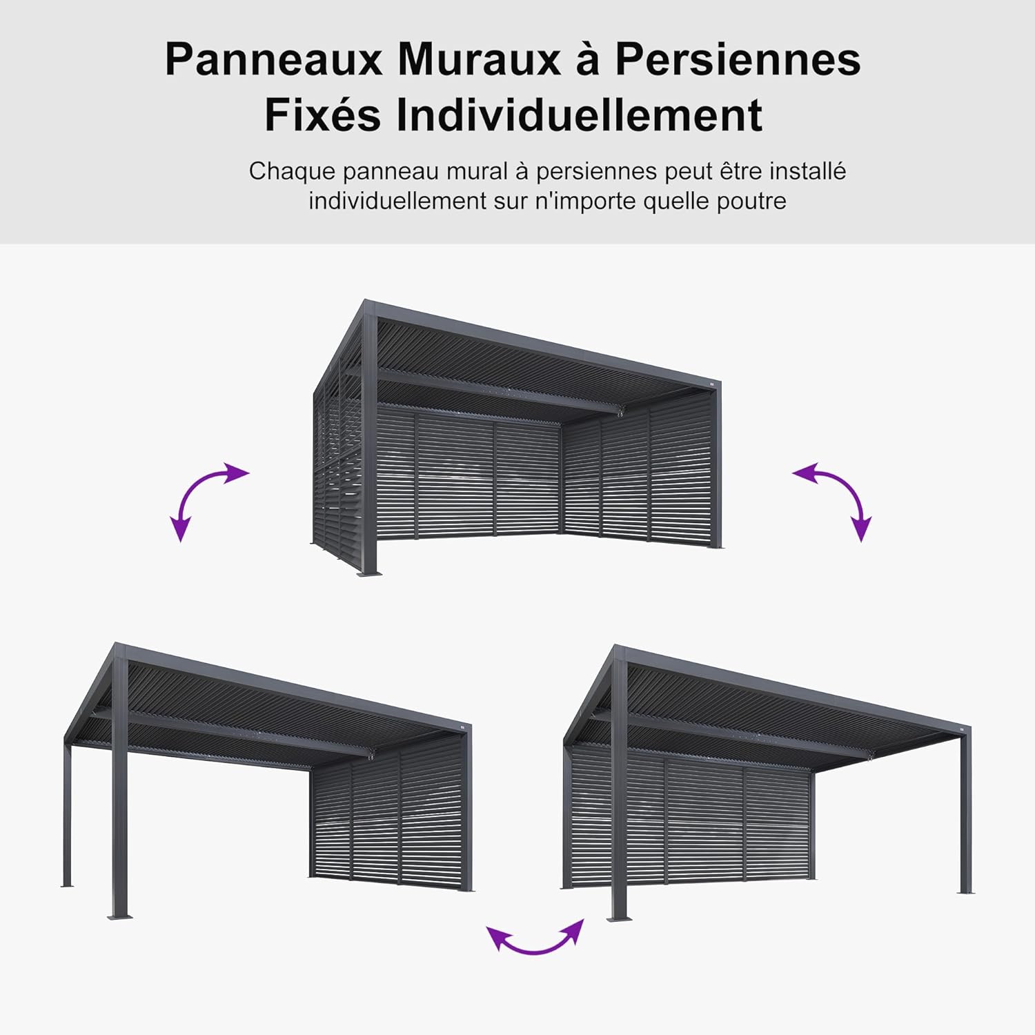 PURPLE LEAF - Pergola bioclimatique série aluminium - 4,8x3,68m - lames orientables, persiennes fixes, gris