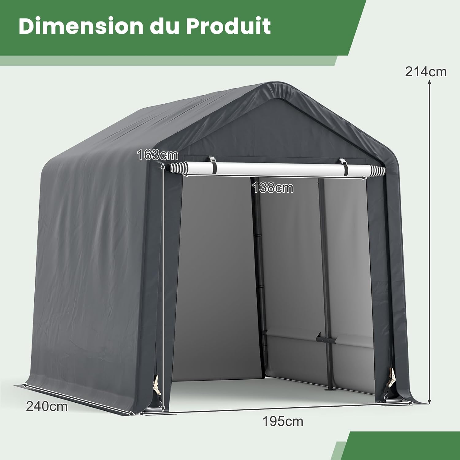 GOPLUS - abri extérieur série standard - 195x240x214 cm - imperméable, porte enroulable, anti-vent