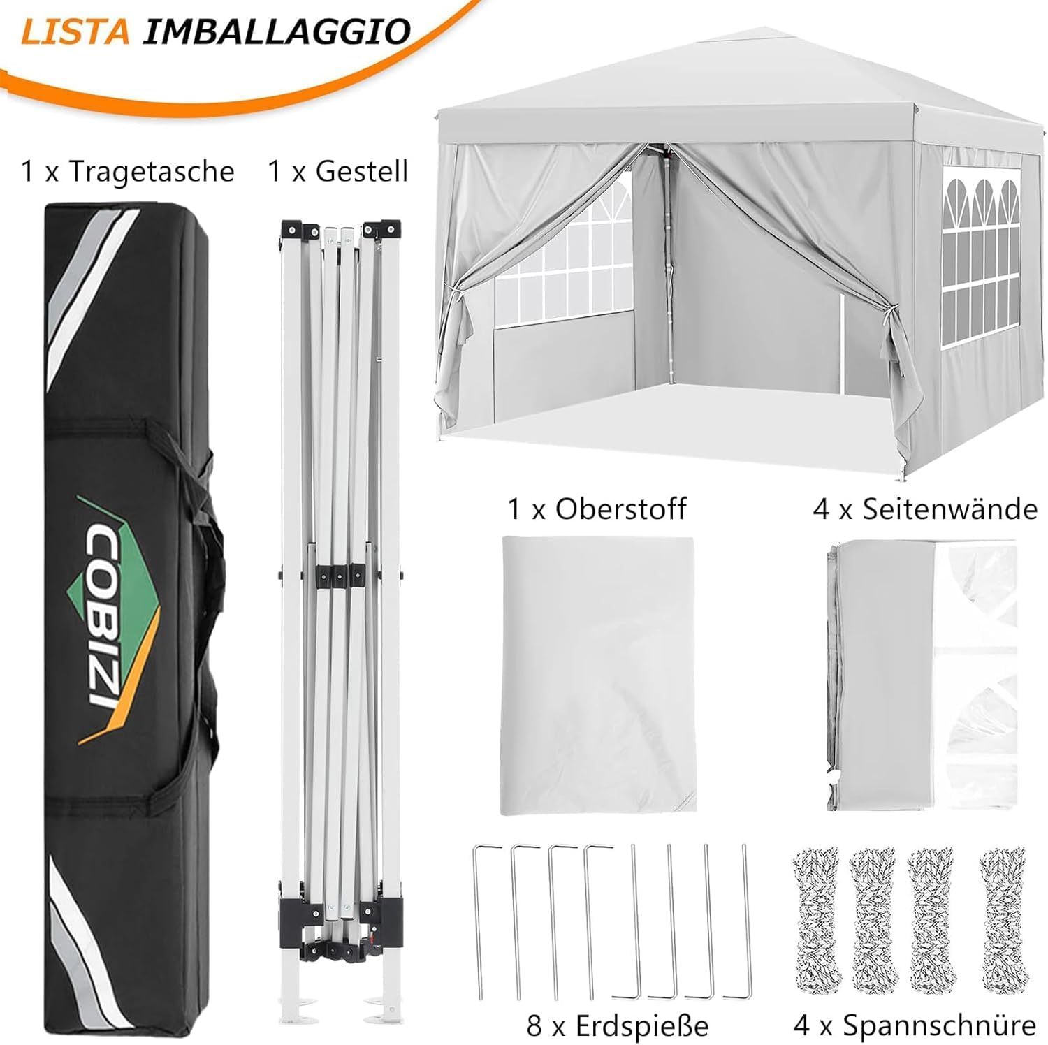 COBIZI - tonnelle pliable 3x3m - imperméable, anti-UV, panneaux amovibles