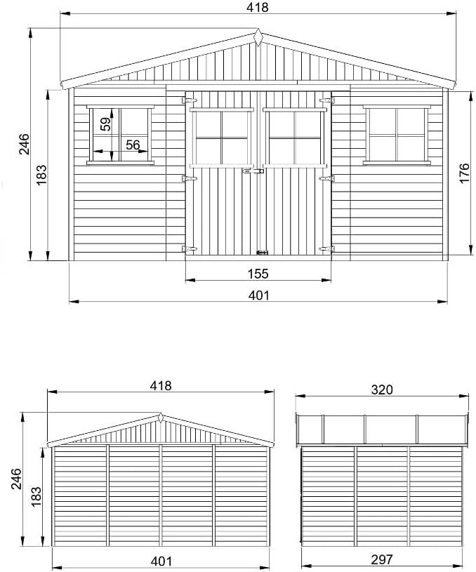 Abri de Jardin en Bois Exterieur avec Plancher IMPRÉGNÉ- Chalet en Pin/épicéa-H246x418x320 cm/12 m²- Construction de Panneaux - Rangement pour vélos, Remise à Outils- Timbela M331+M331G