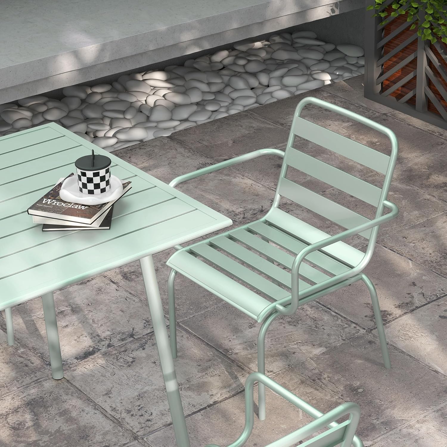 Outsunny - Salon de jardin 5 pièces - table + 4 chaises acier vert clair - chaises empilables