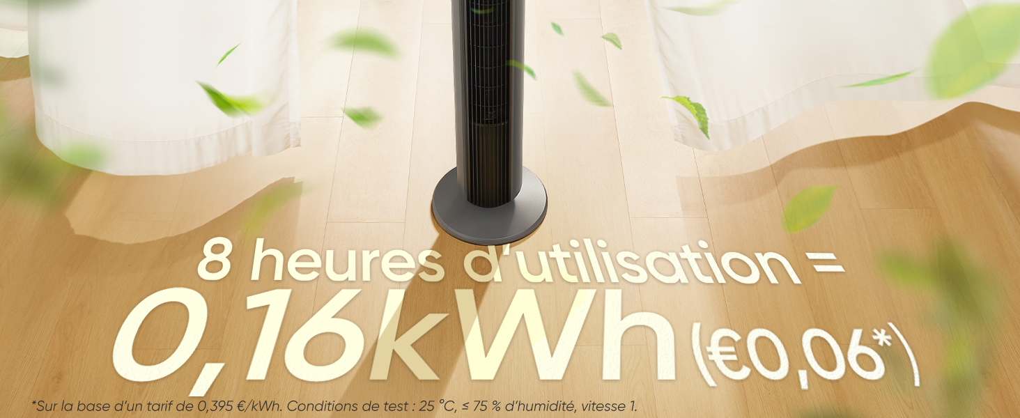 Diffuseur d'huiles essentielles ou appareil d'aromathérapie avec texte de consommation d'énergie indiquant 0,16 kW/h, entouré de feuilles vert clair