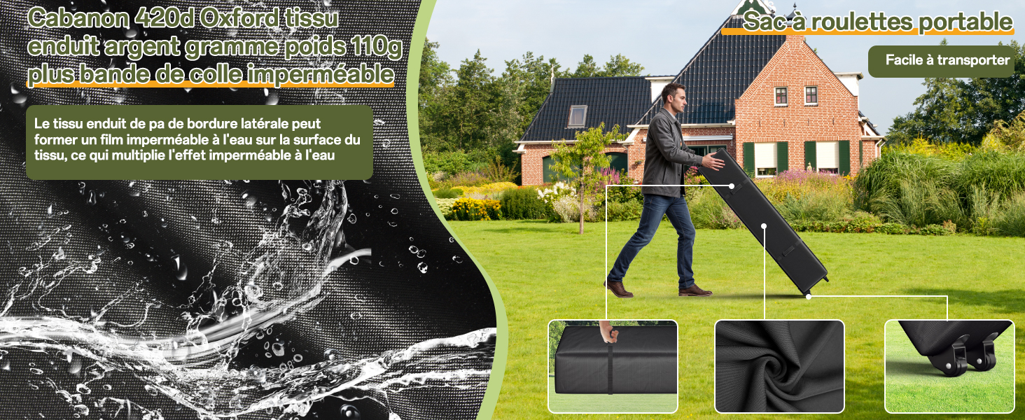 Image divisée montrant une tondeuse à gazon robotisée en action sur l'herbe avec un schéma technique en médaillé. Maison rurale et jardin visibles en arrière-plan.