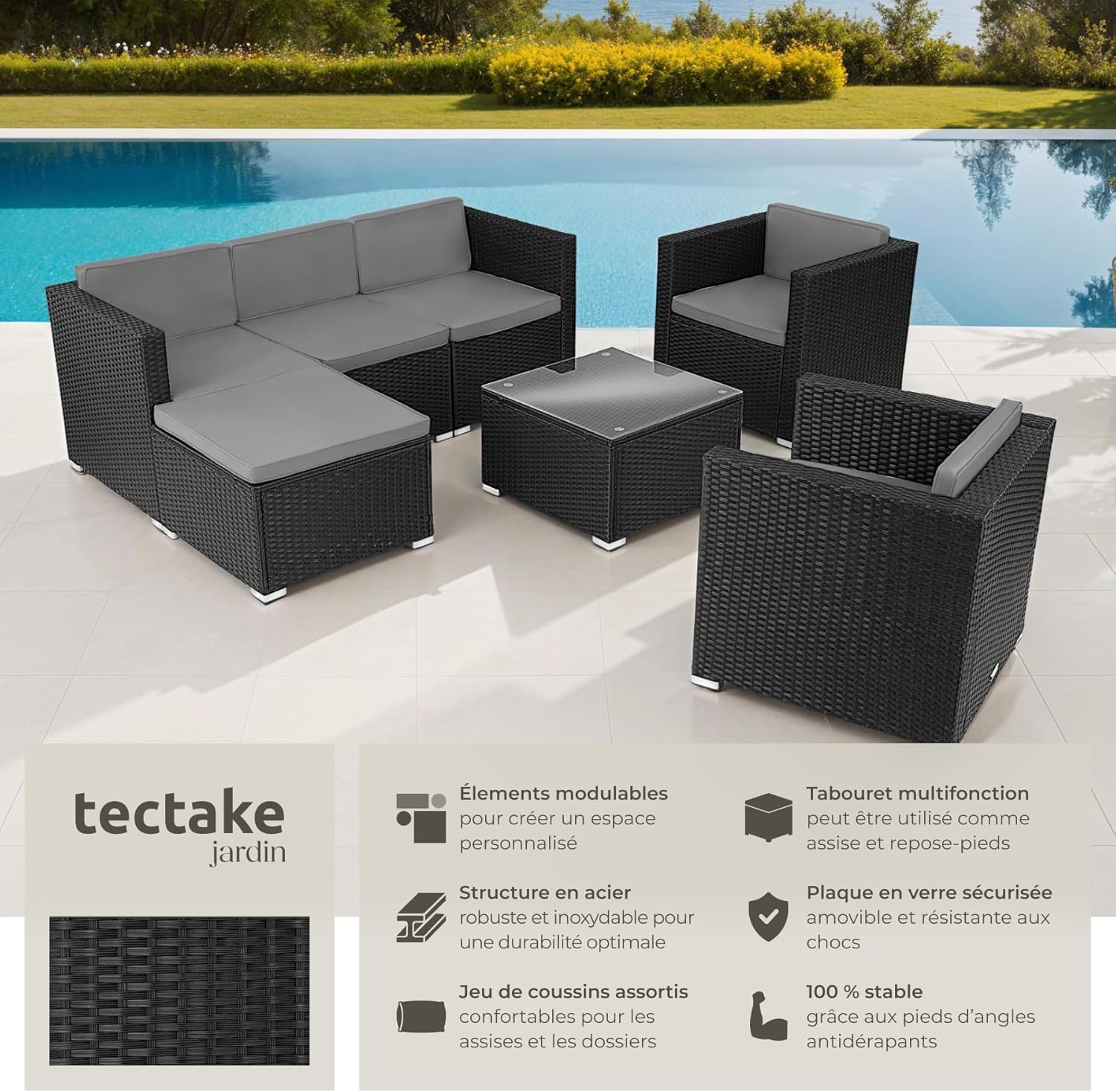 tectake - salon jardin poly rotin modulable 7 places, coussins inclus, ensemble fauteuils et table