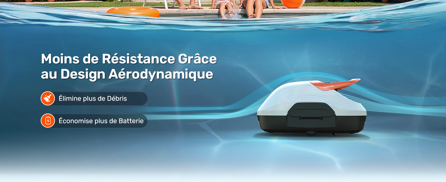 Le texte indique « Moins de Résistance Grâce au Design Aérodynamique ». Vue sous-marine d'un appareil ou d'un équipement de natation.