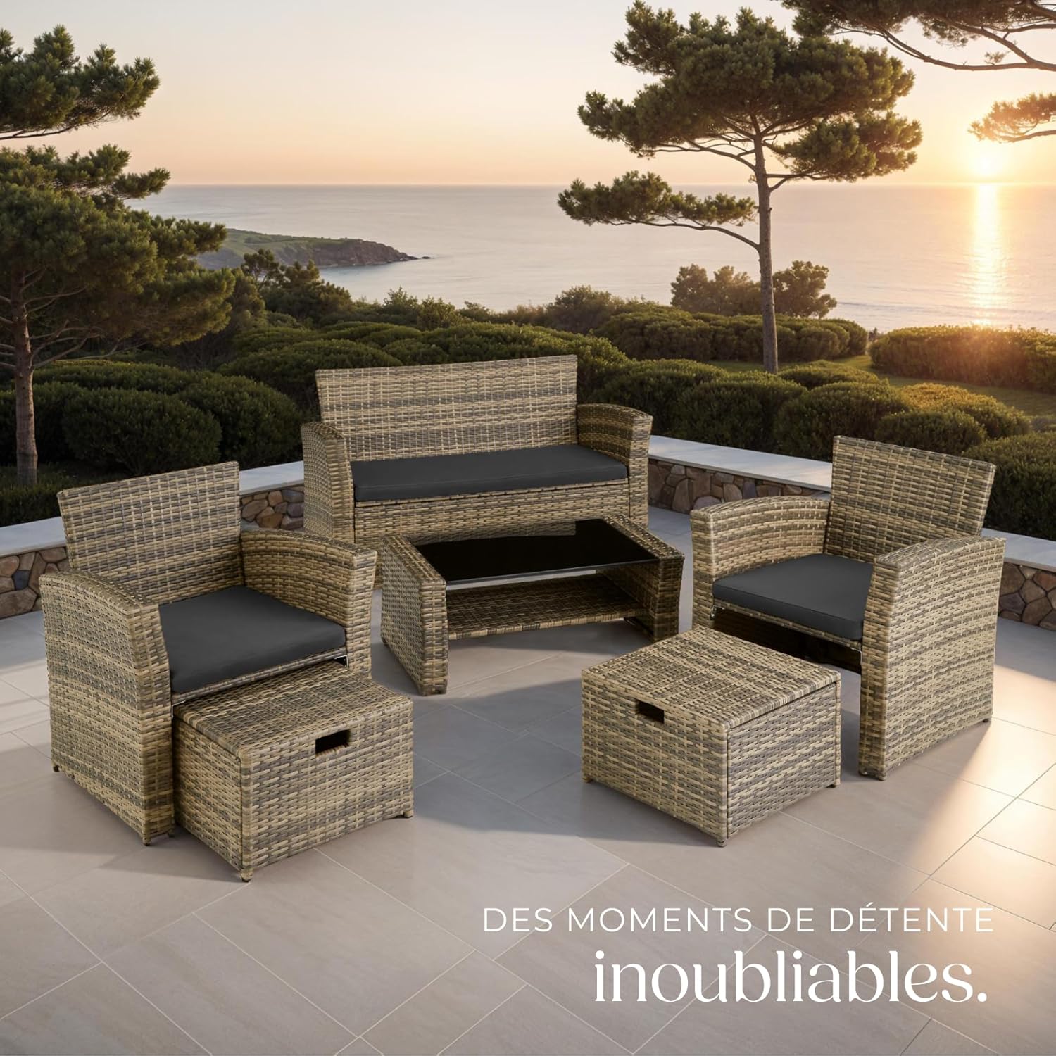 tectake - Ensemble salon de jardin 6 places - poly rotin, coussins épais, table basse, marron naturel