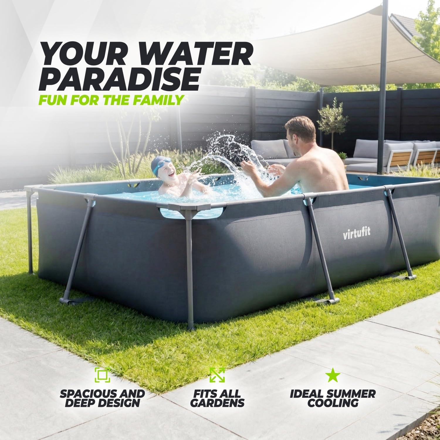 VirtuFit - Piscine rectangulaire Série Noire - 300x210x66 cm - filtre inclus