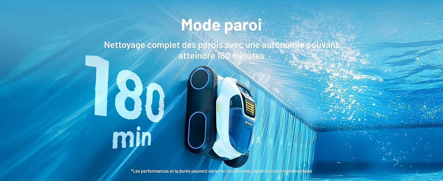 Le texte indique « Mode parole », « 180 min ». Photographie sous-marine montrant des bulles et des effets d'eau bleue démontrant les capacités d'étanchéité.