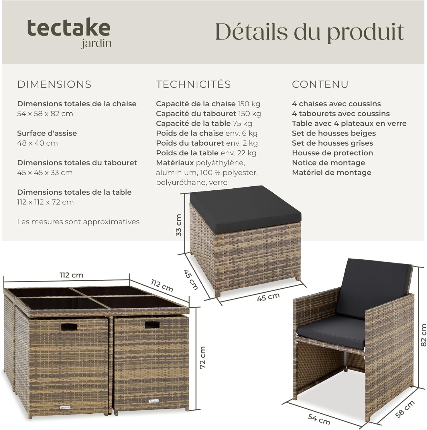 tectake - Salon de jardin 8 places - alu, poly rotin, marron naturel