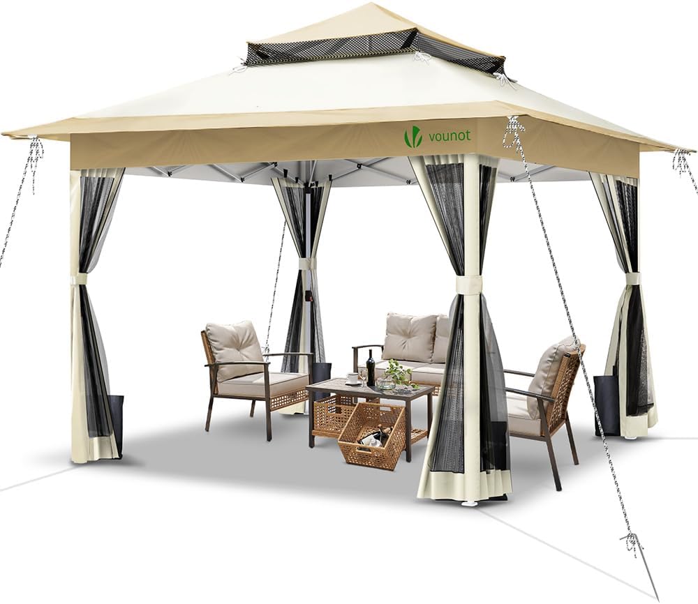 VOUNOT - Tonnelle Pop Up - 3.6x3.6m - Acier, moustiquaire, anti-UV, beige