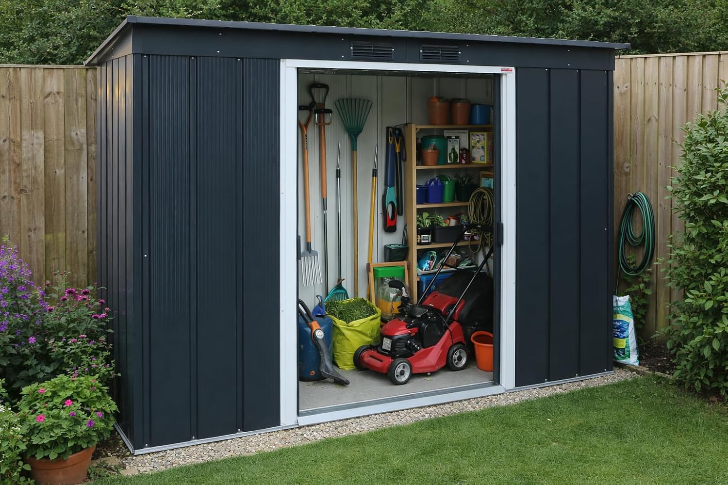 Duramax ECO 8 x 4 (2.85 m²) abri de jardin en métal à toit pentu, Abri de jardin en métal galvanisé à chaud, Abri de stockage d'outils, structure de toit renforcée, anthracite