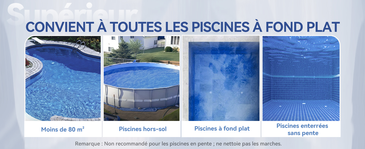 Le texte se lit comme suit : « CONVIENT A TOUTES LES PISCINES A FOND PLAT ». Plusieurs images montrant les installations et les configurations de piscines.