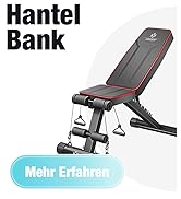 Le texte indique « Hantel Bank » et « Mehr Erfahren ». Banc d'entraînement ajustable noir avec détails de coutures rouges et plusieurs réglages de position.
