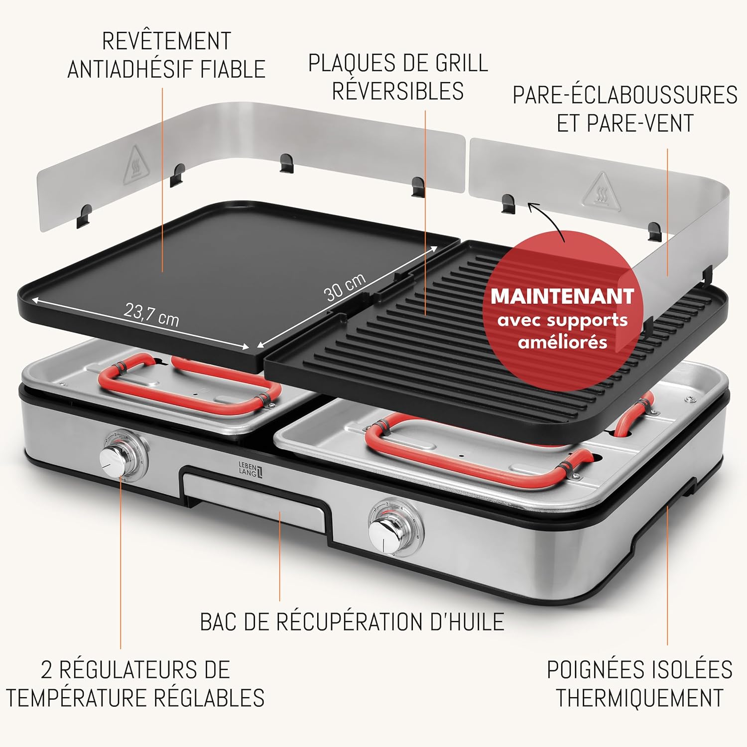 LEBENLANG - plancha électrique inox - XXL - 2400W, pince barbecue, intérieur/extérieur, protection éclaboussures - LEBEN
