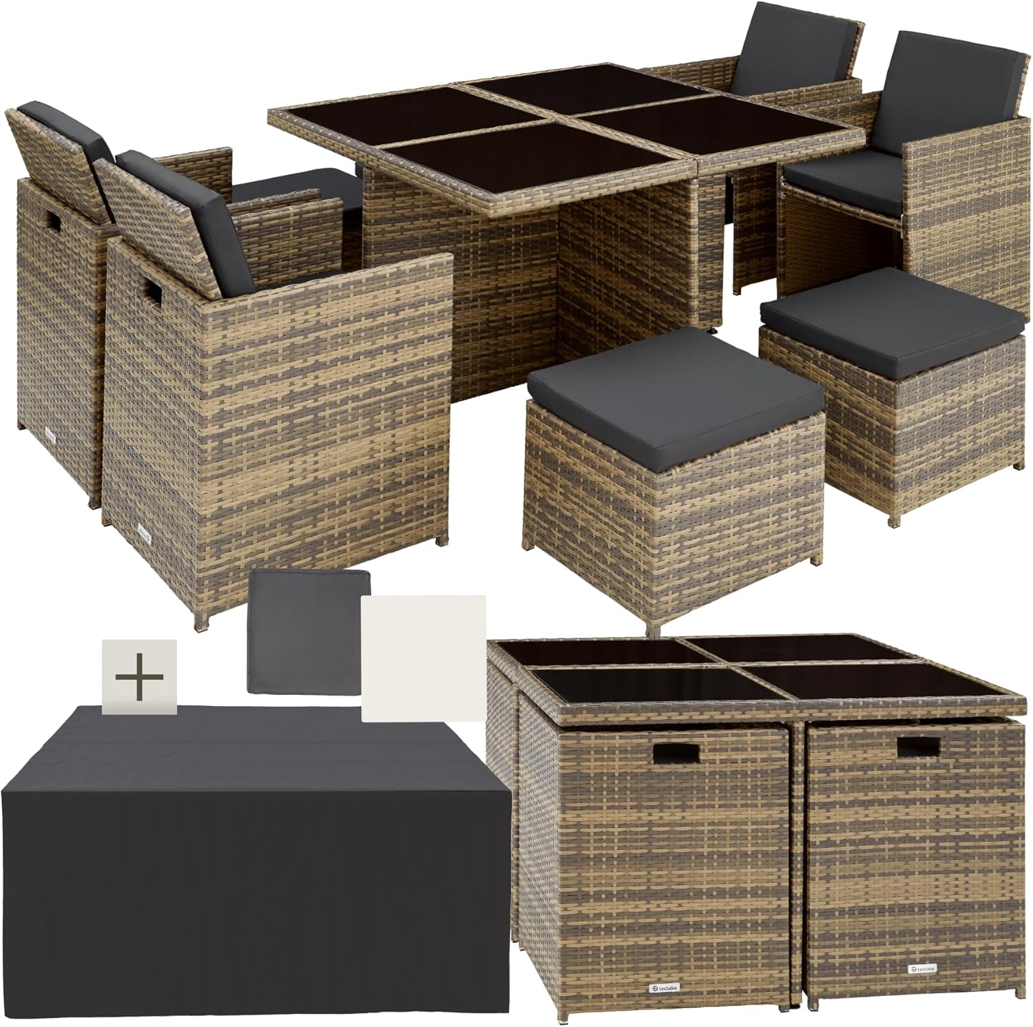 tectake - Salon de jardin 8 places - alu, poly rotin, marron naturel
