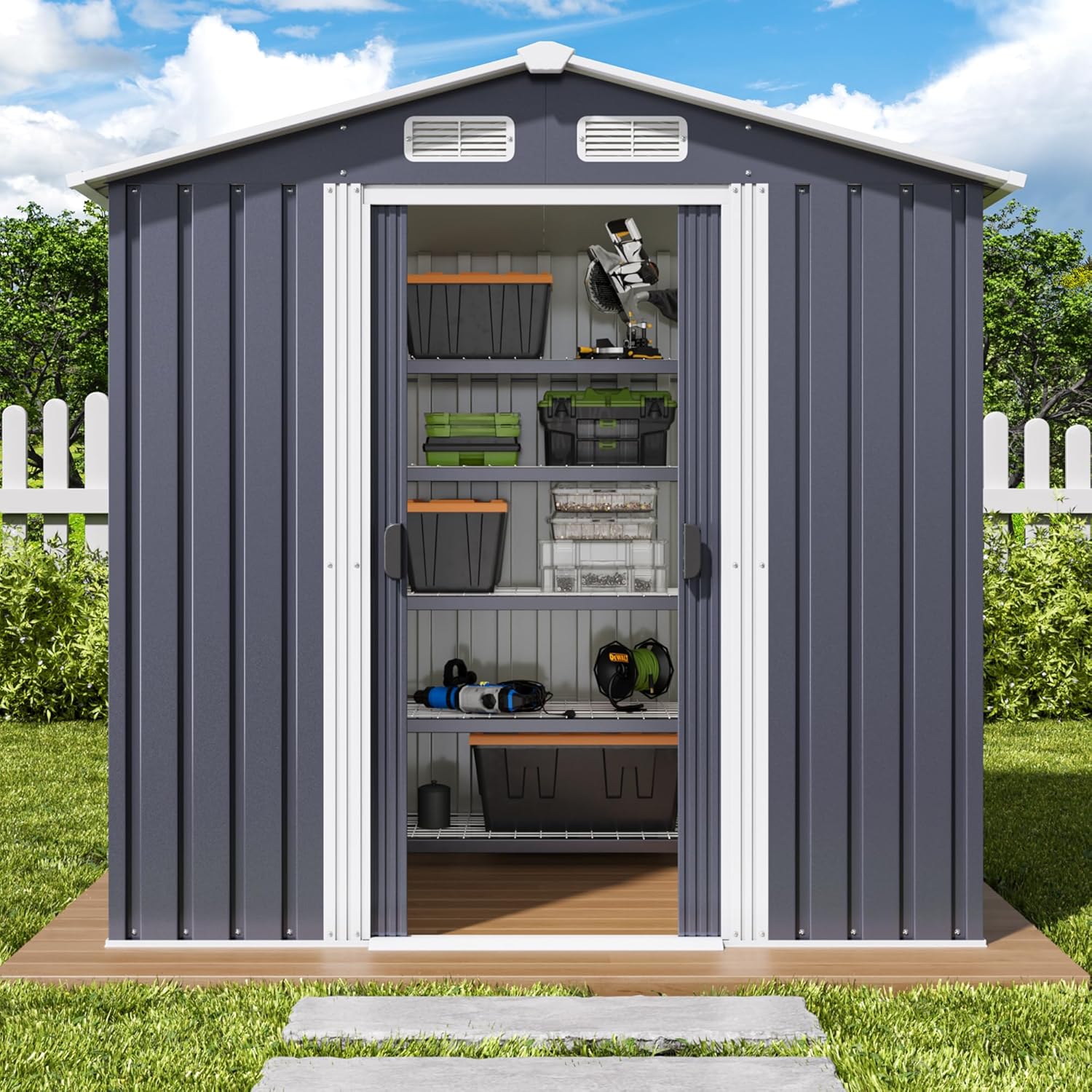 Abri de jardin en métal 184 x 119 x 186 cm, avec toit en pente et porte coulissante, abri à outils avec serrure et gants (gris)