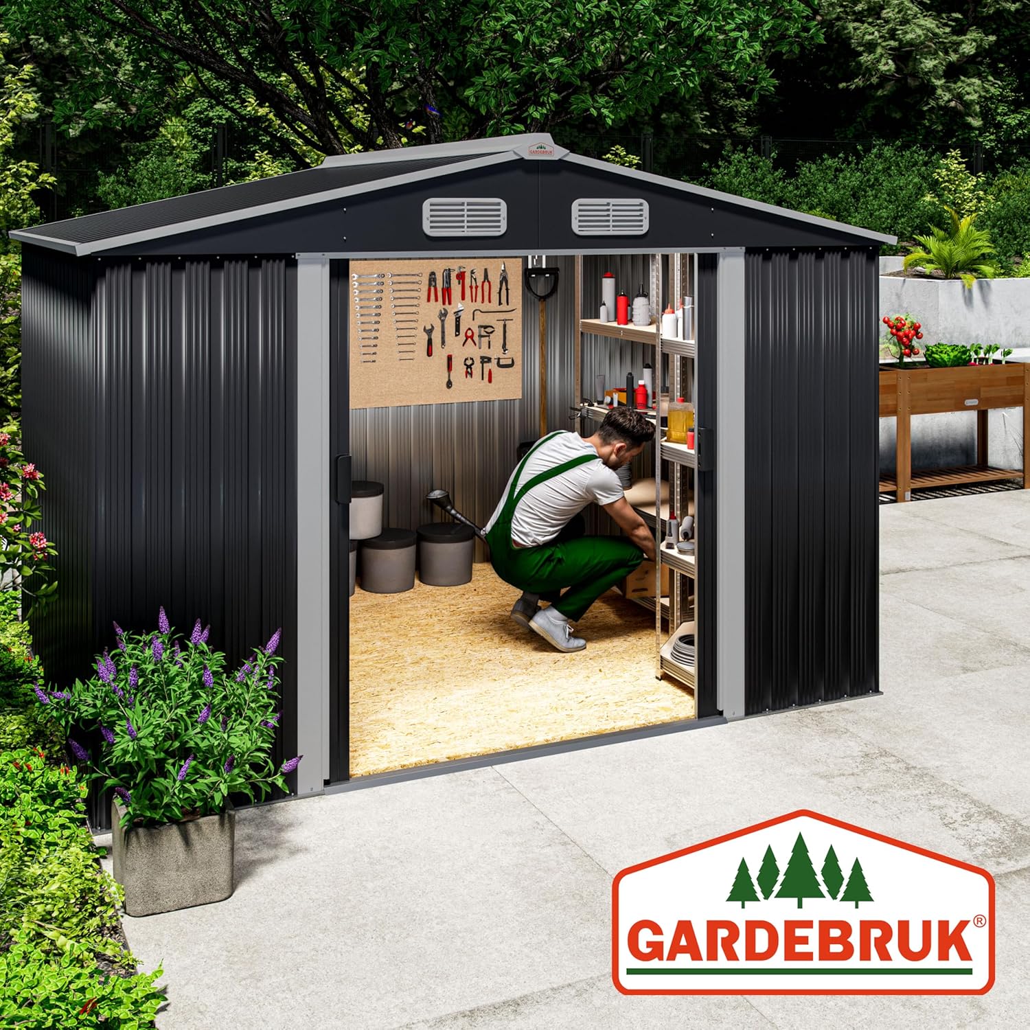 GARDEBRUK - Abri jardin métal XXL - 260x205x180cm - Porte coulissante, fondation, rangement outils -  GARDEBRUK