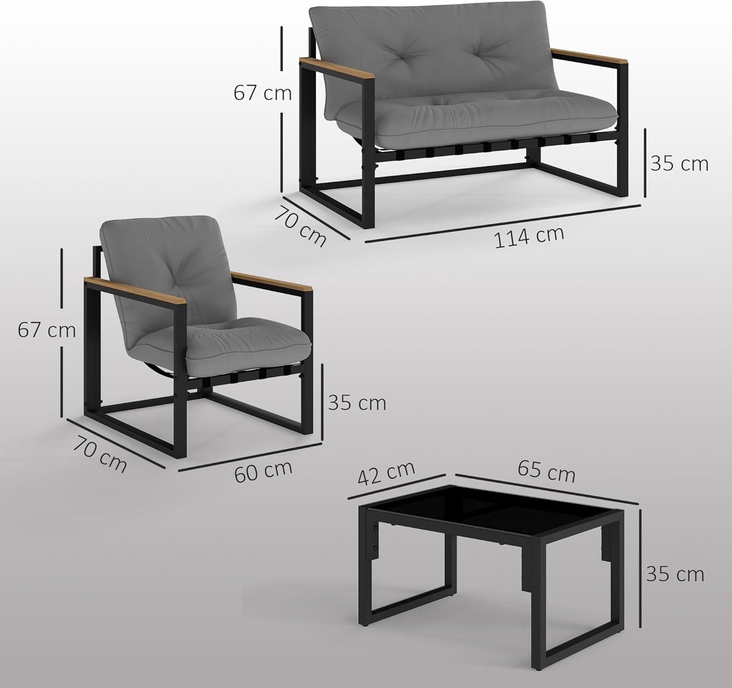 Outsunny - Salon de jardin 4 places - canapé, 2 fauteuils, table en verre, coussins inclus, gris