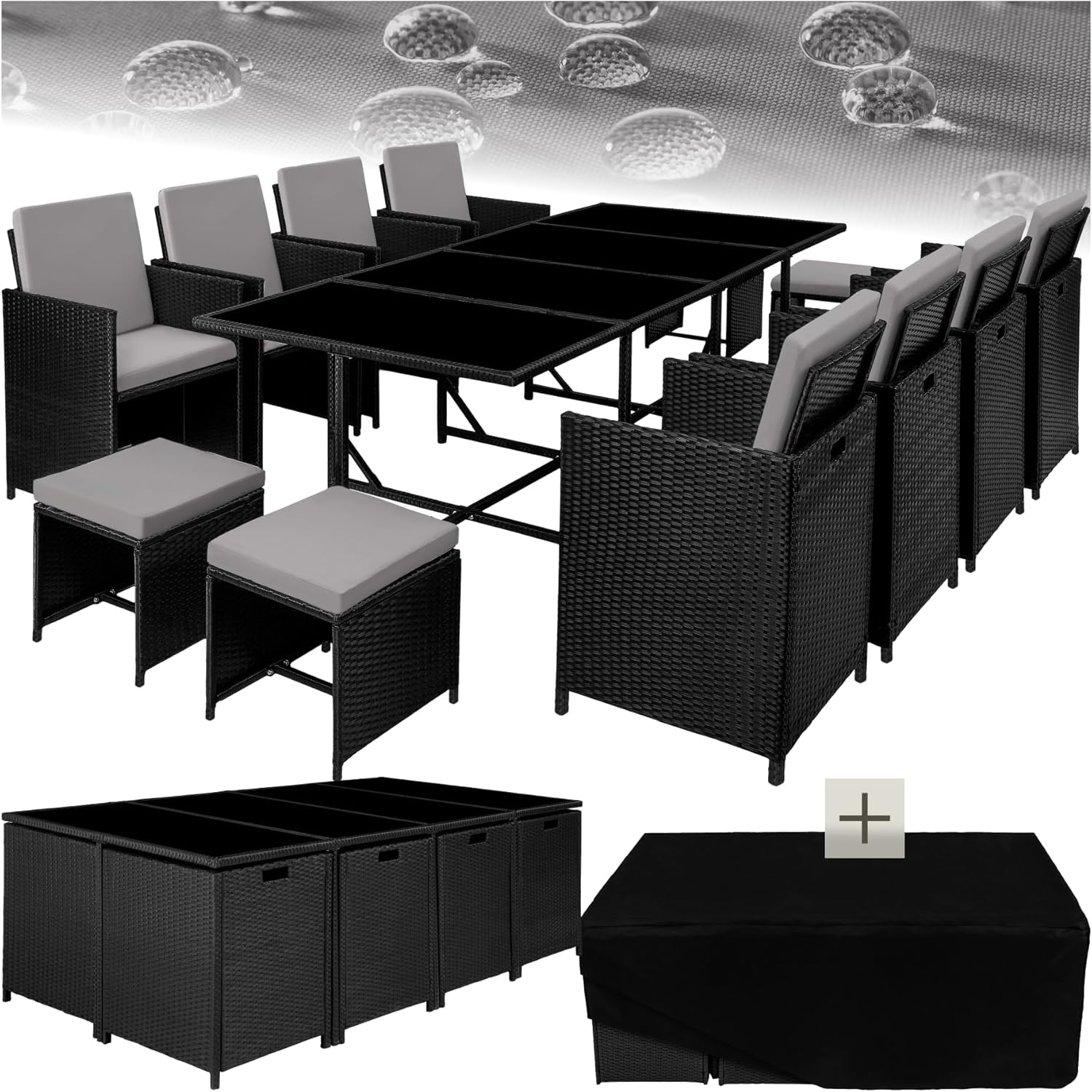 tectake - Salon de jardin résine tressée 8 chaises 4 tabourets table - ensemble repas extérieur terrasse balcon - Noir/G