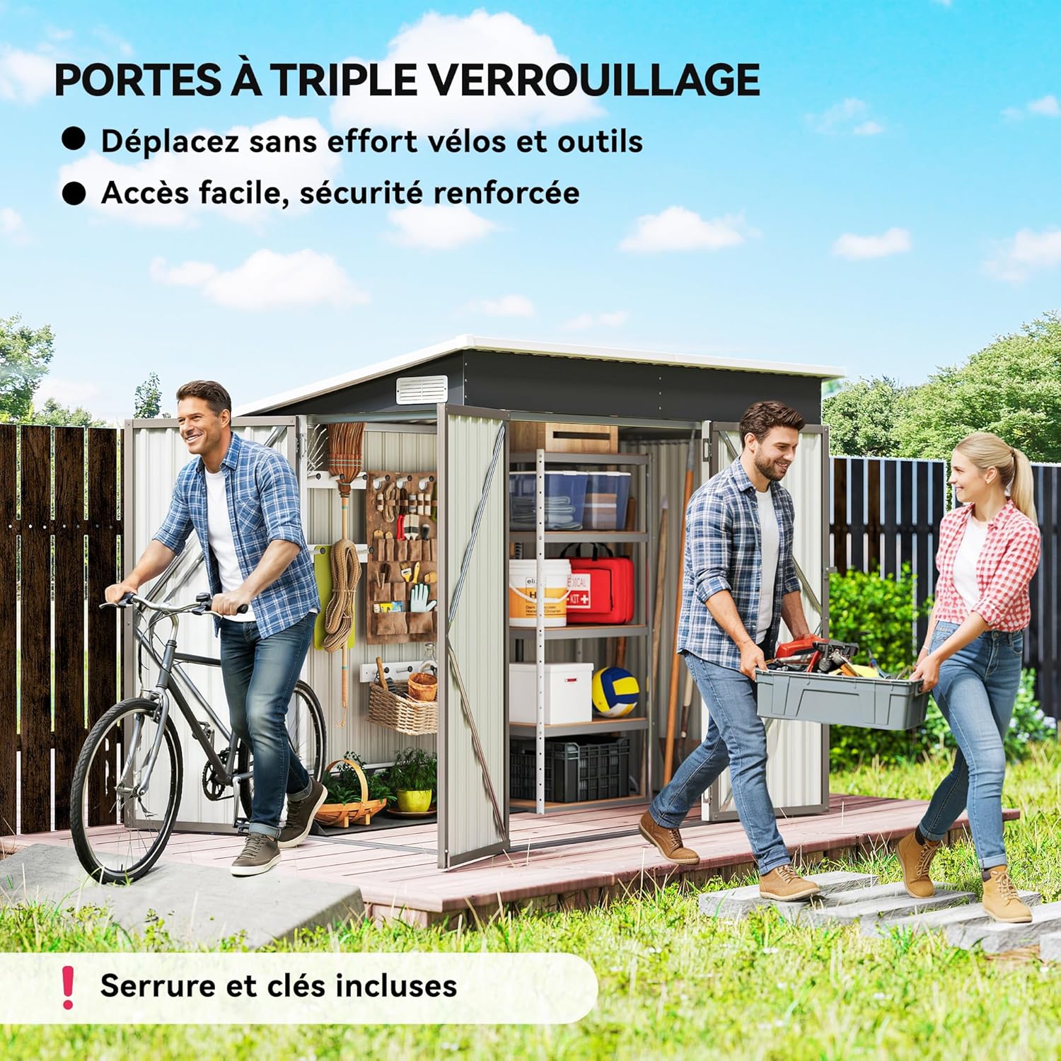 Outsunny - Abri de jardin métal - 234x132x185 cm - triple porte, toit incliné, aérations