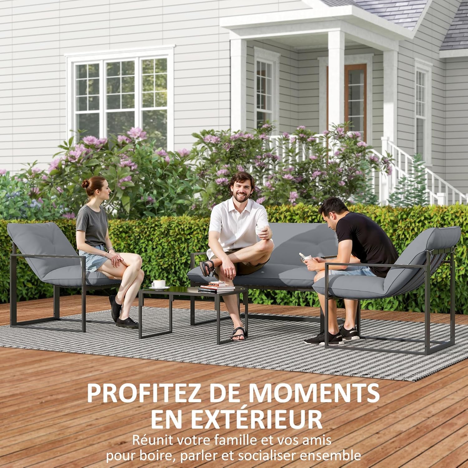 Outsunny - Salon bas 4 pièces - coussins 15cm, structure acier noir, canapé 2 places, table basse, fauteuils