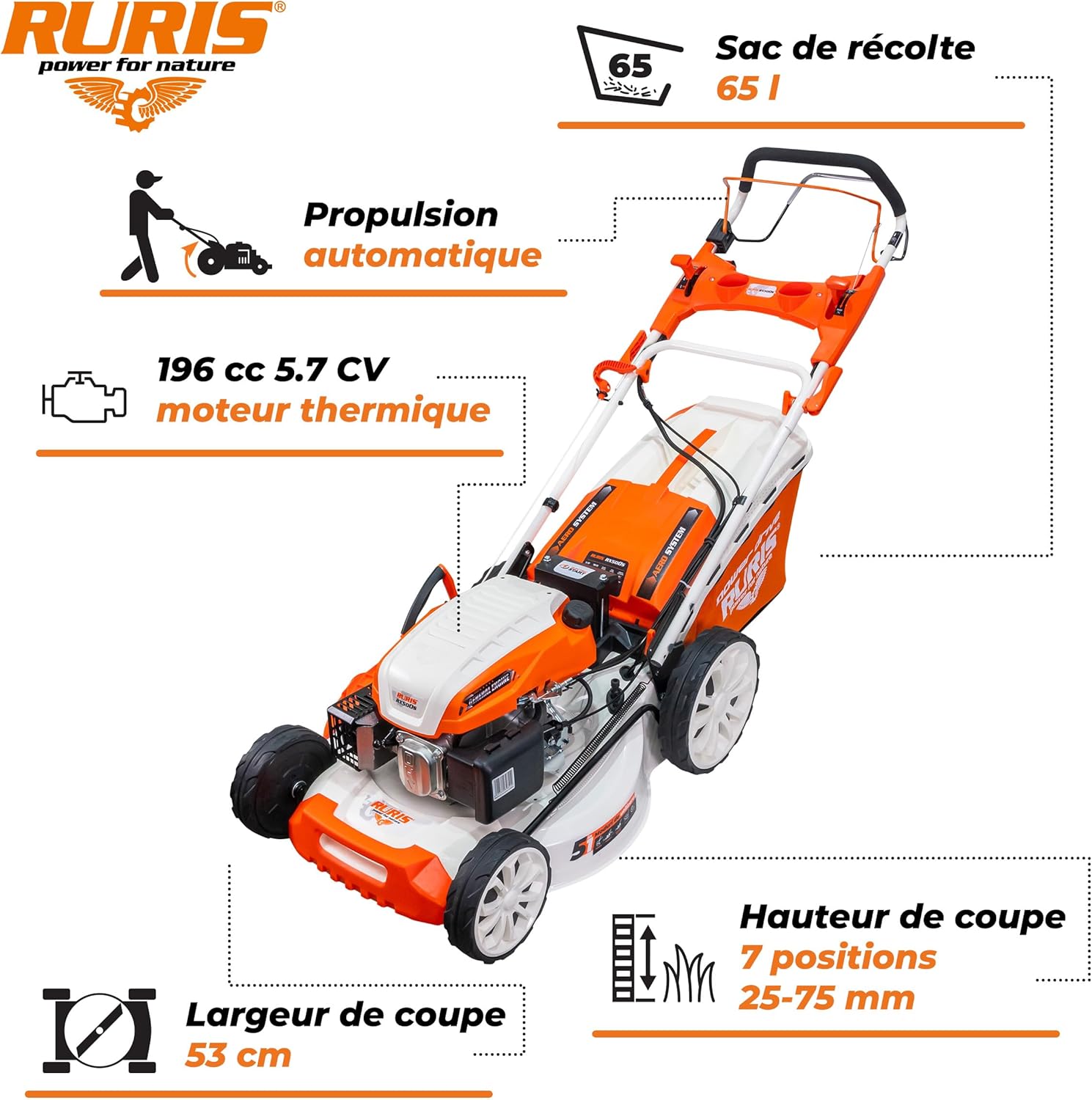 RURIS POWER FOR NATURE Tondeuse à Gazon Thermique 5 en 1 Mulching 5,7 CV 196cc RX500S, Orange