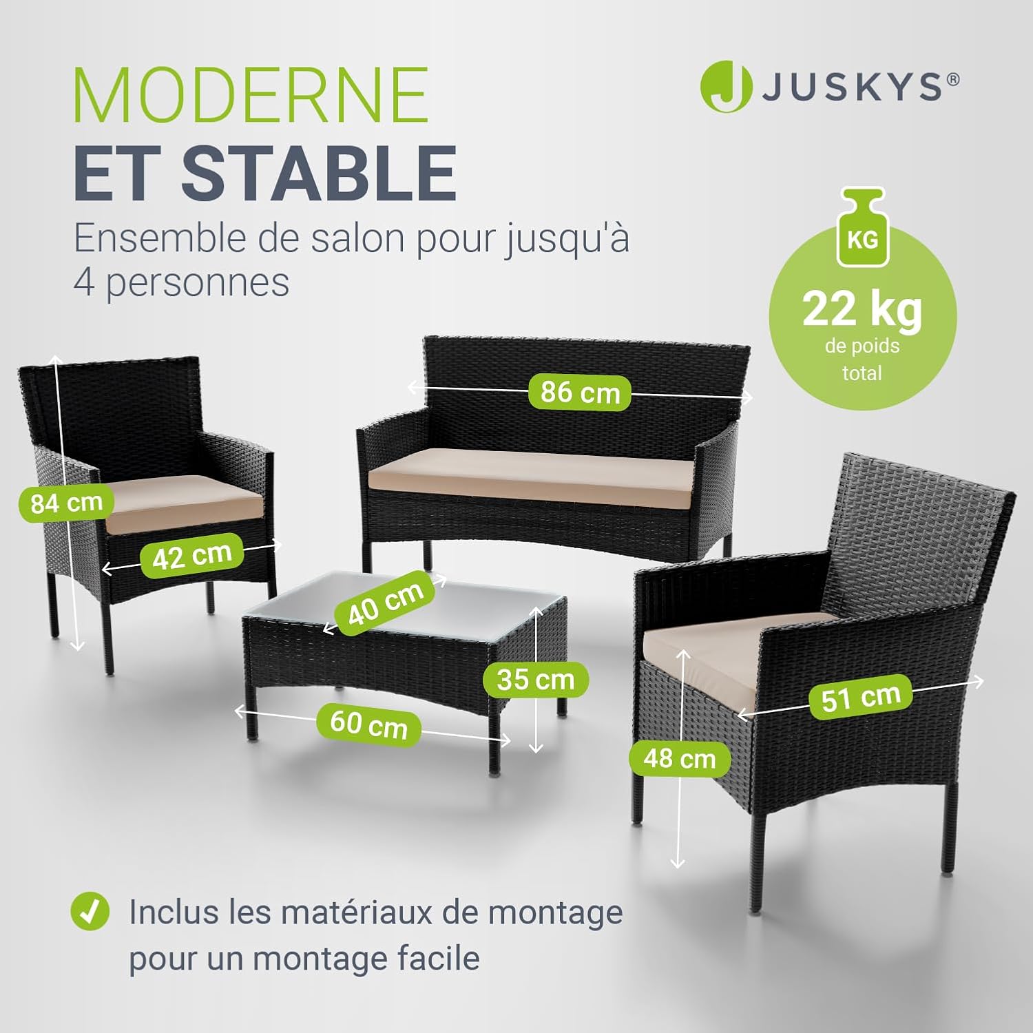 Juskys - Fort Myers, salon 4 places, canapé 2p, chaises, table, coussins