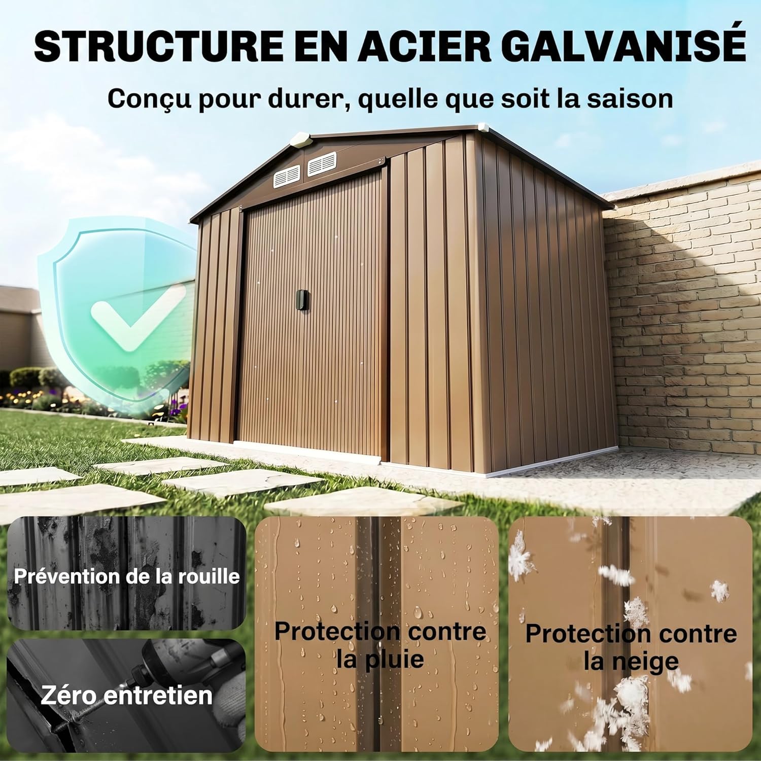 Outsunny Abri de Jardin en métal 2,77 m² cabane de Jardin 213 x 130 x 185 cm cabanon Rangement Outils avec kit de Fondation, Porte coulissante verrouillables et 4 aérations - Kaki