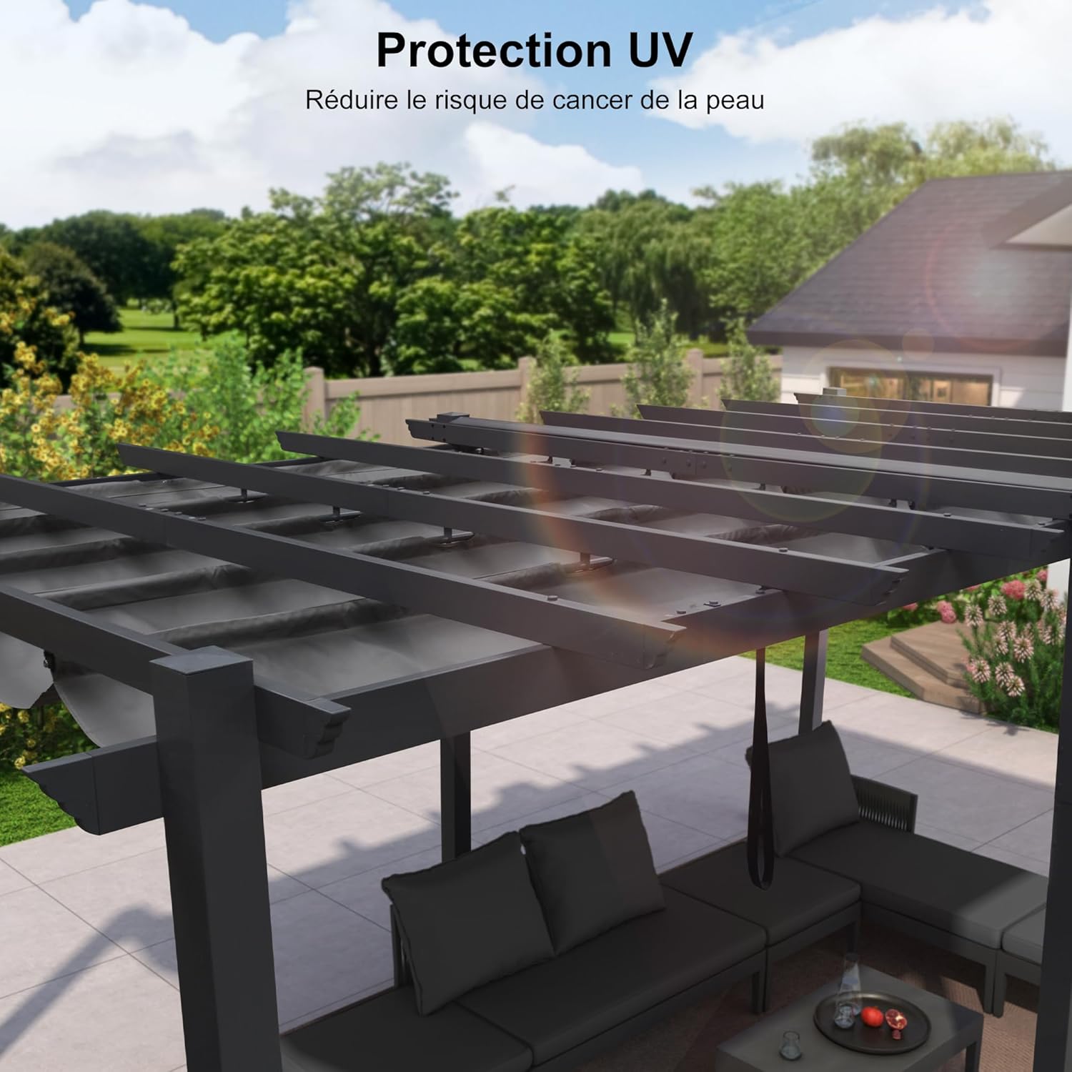 PURPLE LEAF - Pergola Aluminium - 5,5 x 3,5 m - Toit coulissant, tissu teint en fil, gris