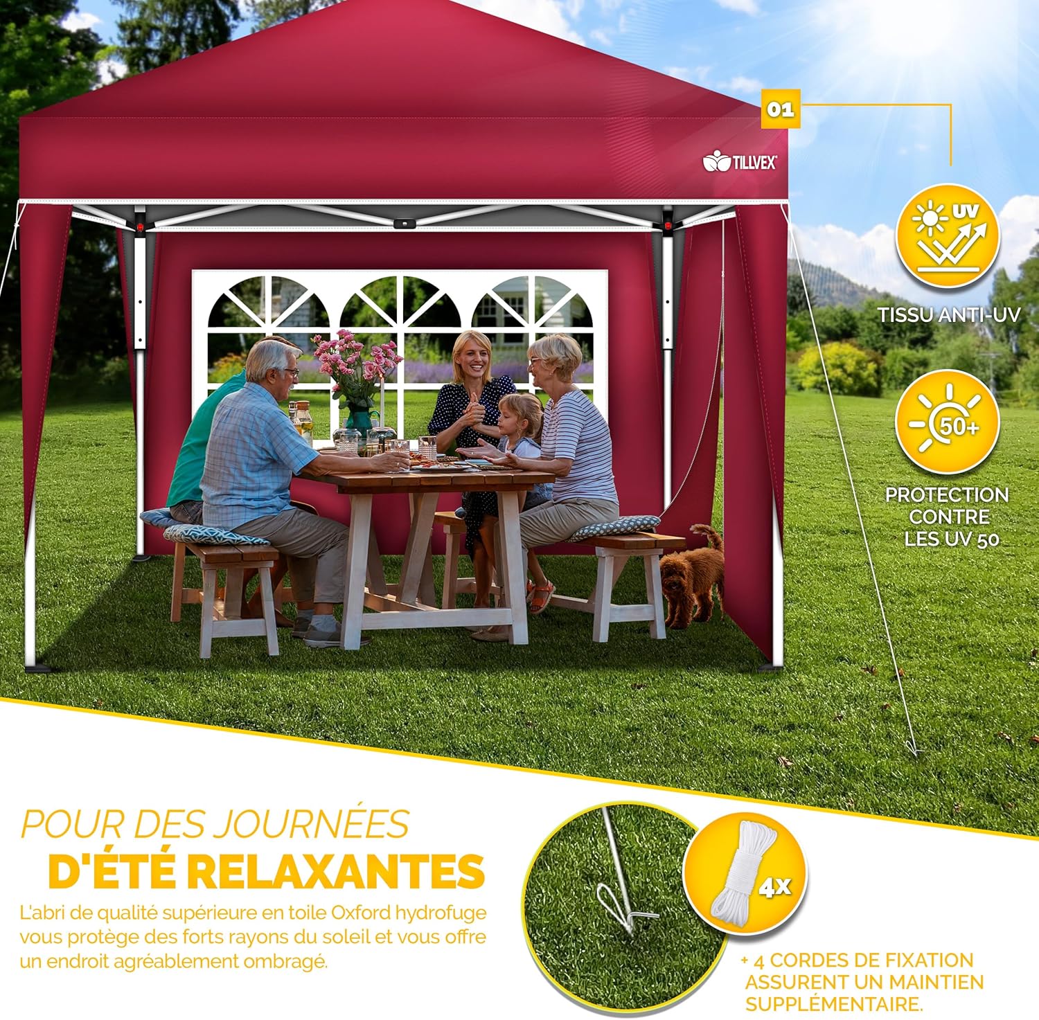 tillvex - tonnelle pliante 3x3m - 2 côtés, réglable, UV50+, sac inclus