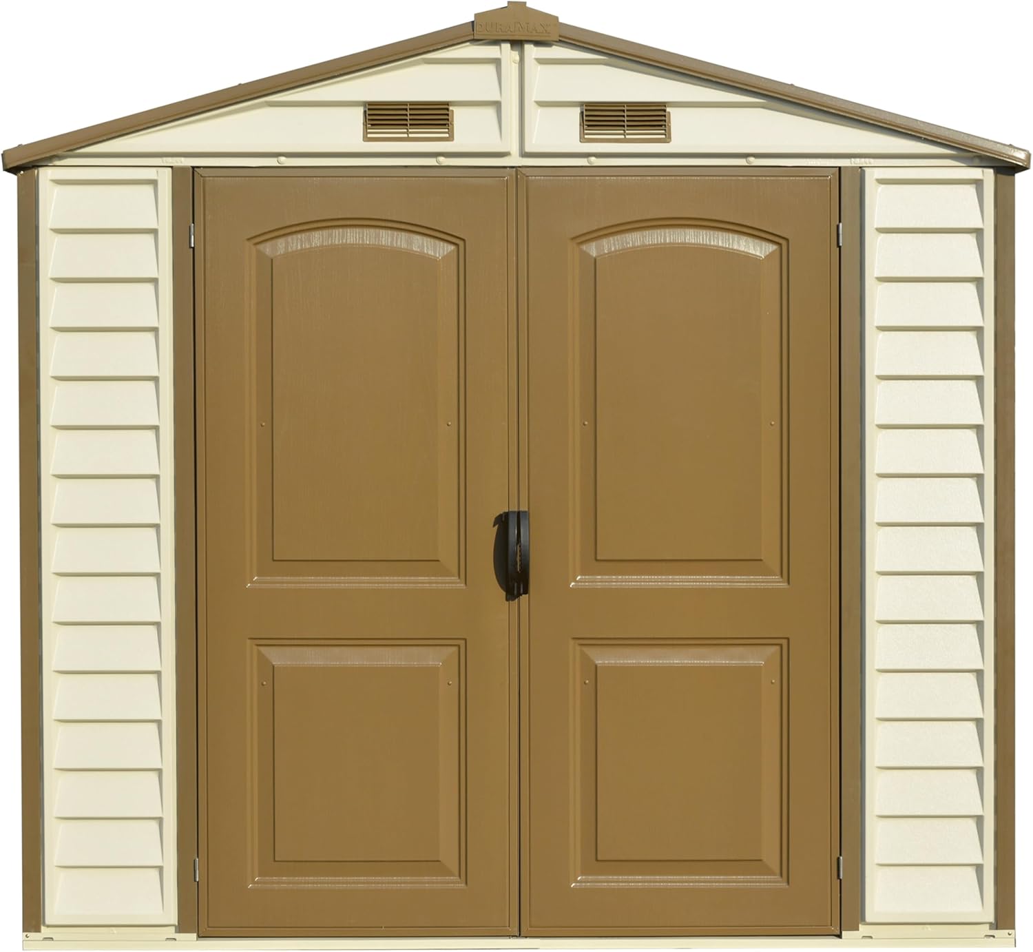 Duramax StoreAll 8 x 6 (3.85 m²) Abri de jardin en plastique avec 1 fenêtre fixe et kit de fondation en métal, structure de toit en métal robuste, ignifuge et sans entretien - Ivory/Brown