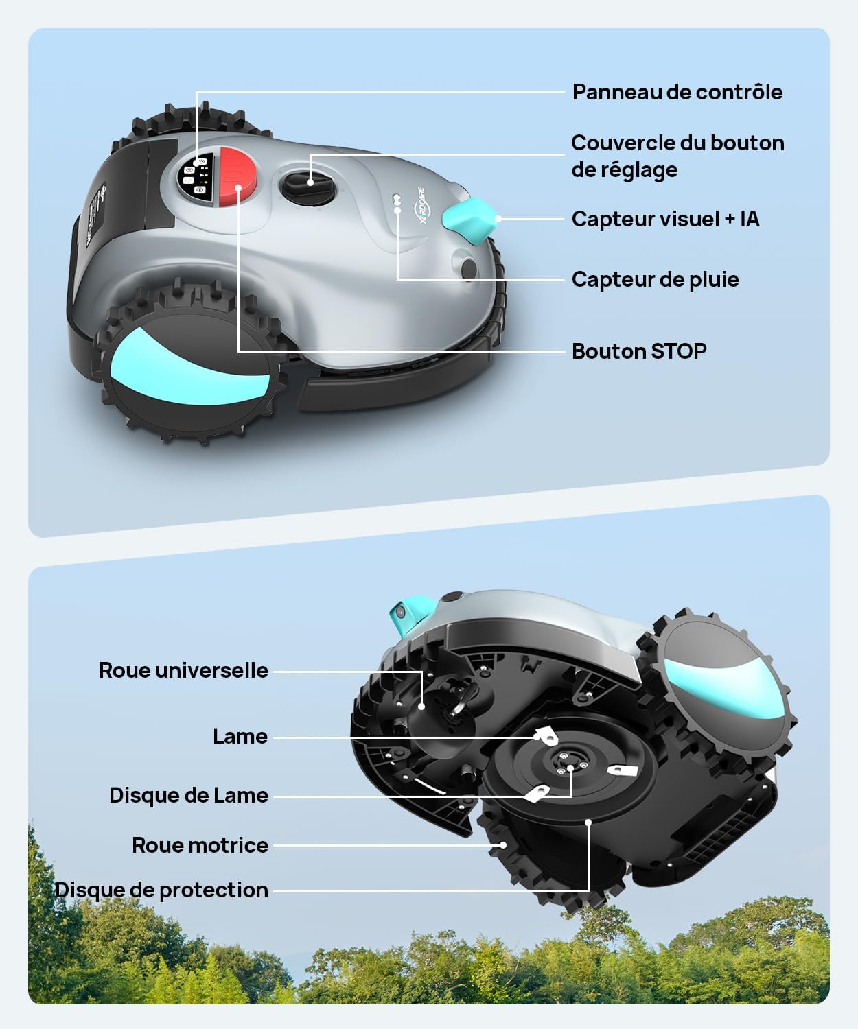 YARDCARE - série V100 - robot tondeuse sans fil, batterie, détection obstacles, navigation visuelle, peigne à herbe - V1