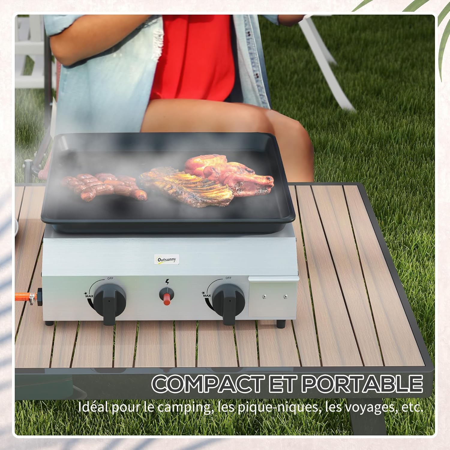 Outsunny - plancha gaz inox émaillé 2 brûleurs 40x34cm, 4,8kW