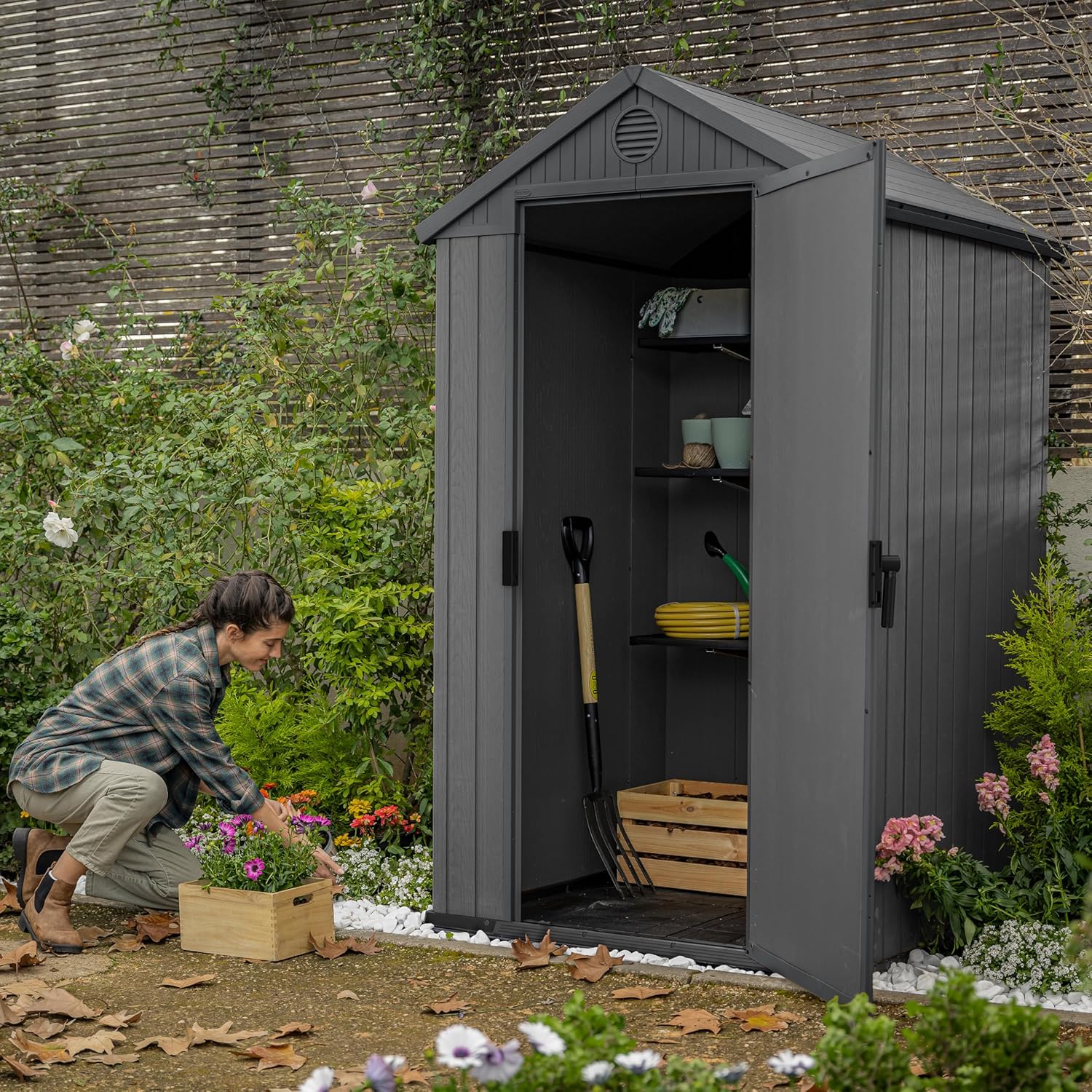 KETER Abri de Jardin Résine Darwin 4X4-125 X 184 X 205 cm - Compact, Durable et Résistant aux Intempéries - Couleur Gris Moderne