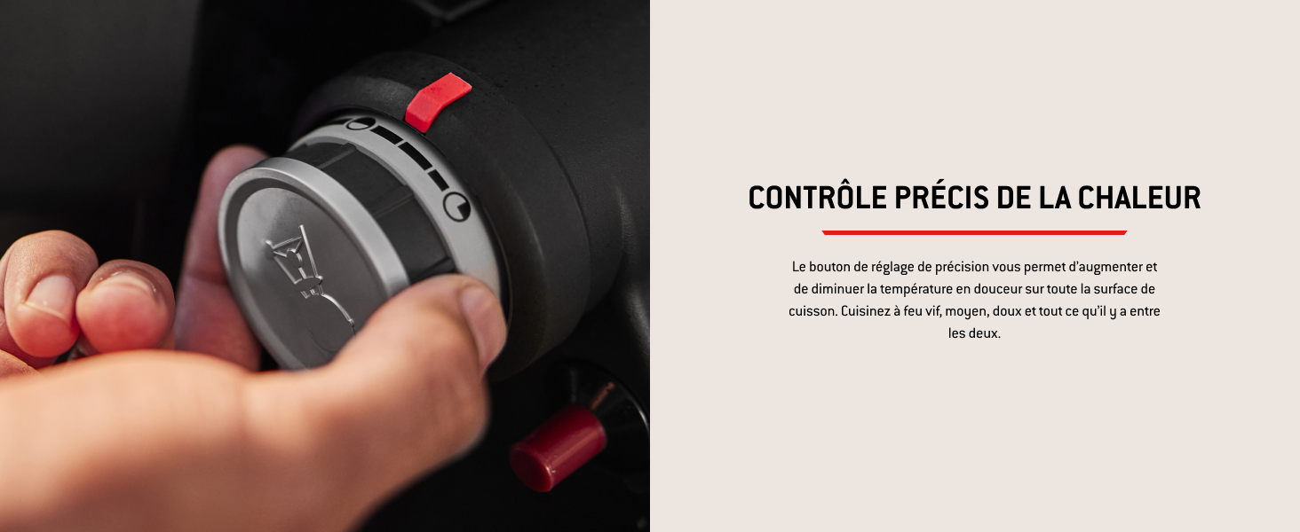 Le texte se lit comme suit : « CONTRÔLE PRÉCIS DE LA CHALEUR ». Images de démonstration de produits en gros plan montrant le contrôle de la température ou l'utilisation d'un appareil de chauffage.