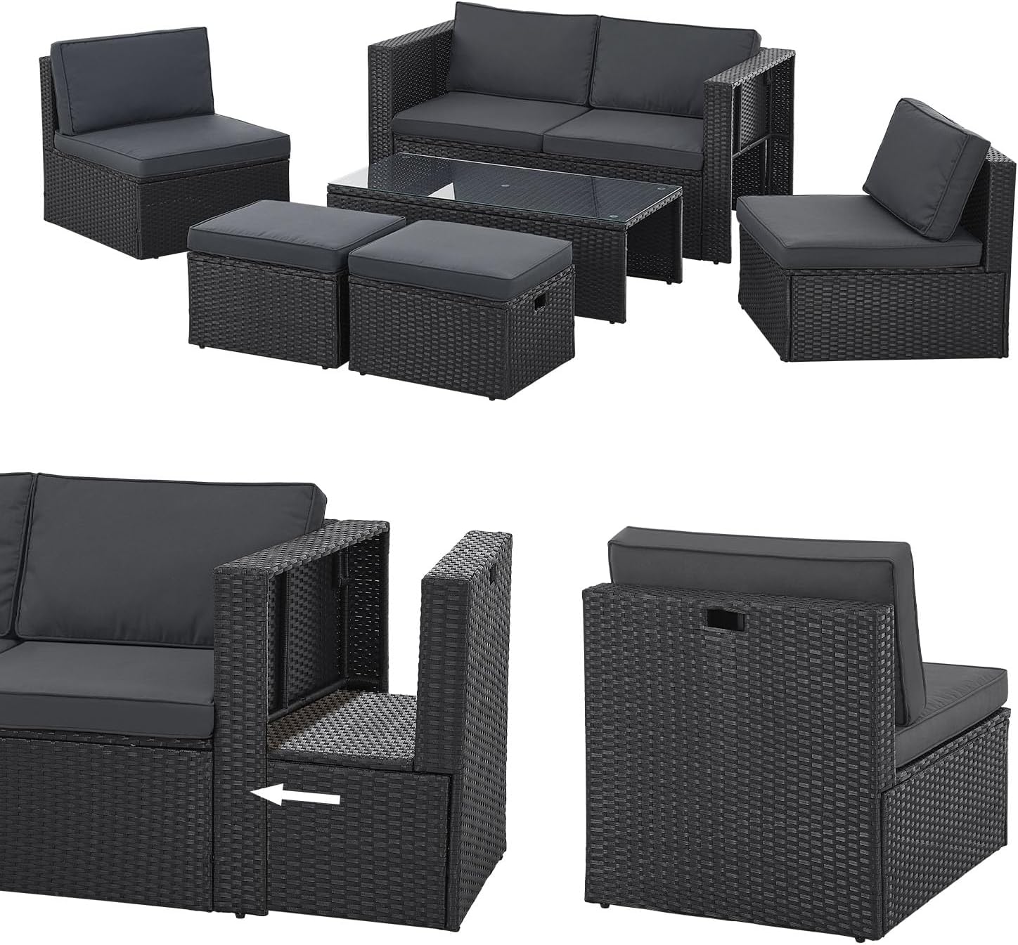 Juskys - Salon de Jardin Salou - 6 places - polyrotin, coussins, table, noir