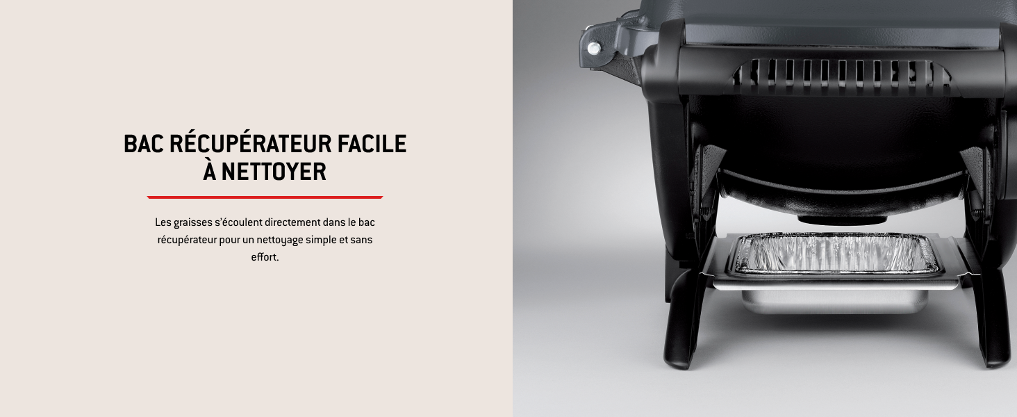 Le texte indique « BAC RECUPERATEUR FACILE A NETTOYER ». Composant mécanique noir de style industriel représenté sous plusieurs angles sur fond blanc.