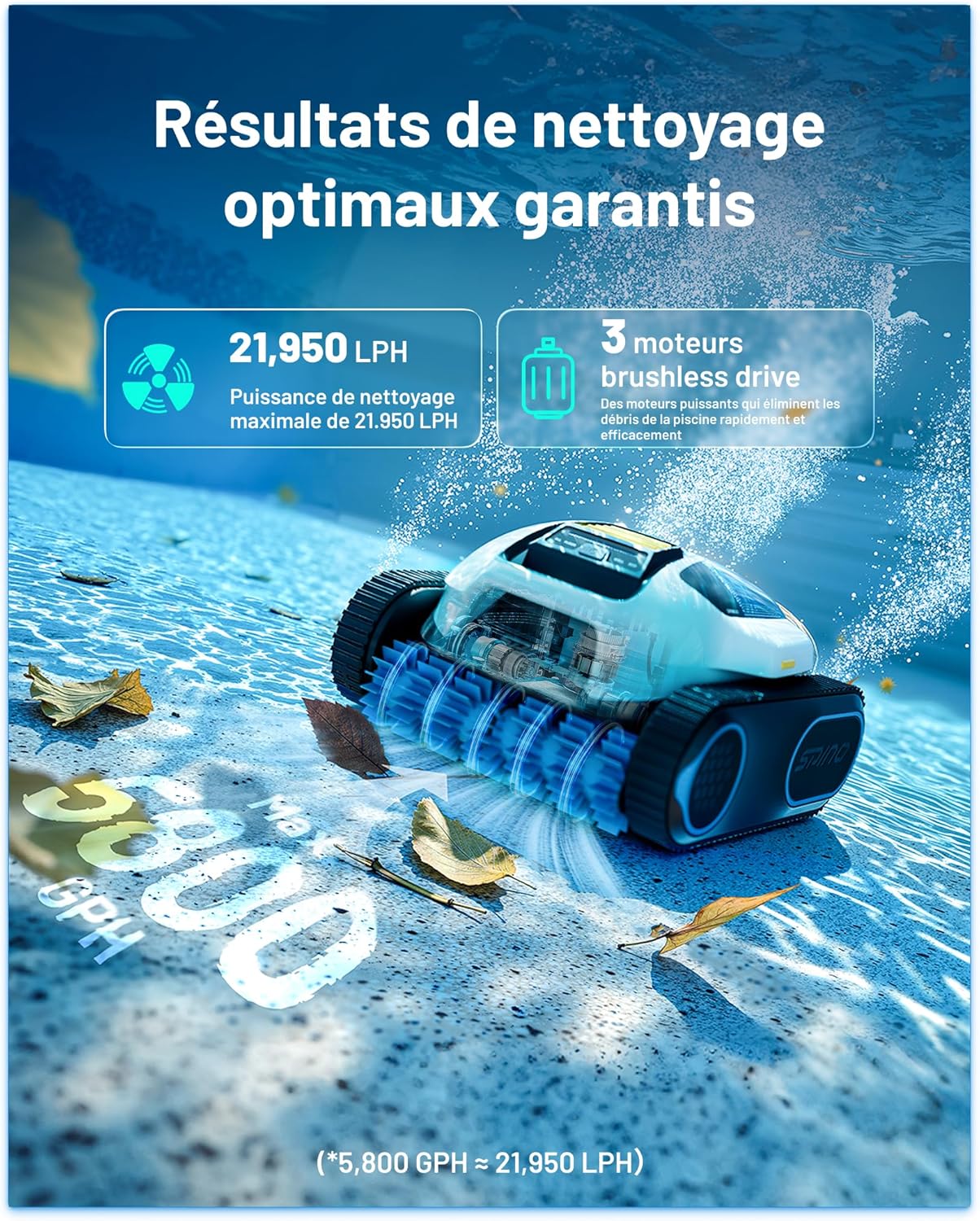 SPINO E1 Robot Piscine Fond et Parois, Ligne d'eau, Autonomie de 210 Min, Aspiration Puissante 21950 LPH Max, 5 Modes, Navigation Trajet SmartArc, App, Piscines 150㎡, 1 Panier Filtrant Inclus