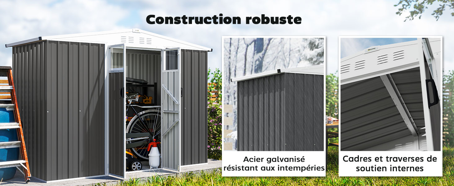 Image composite d'un cabanon de rangement extérieur en métal gris. Les panneaux présentent une construction robuste, de l'acier galvanisé, une résistance aux intempéries et des cadres de support internes. Le cabanon contient un vélo et une échelle.