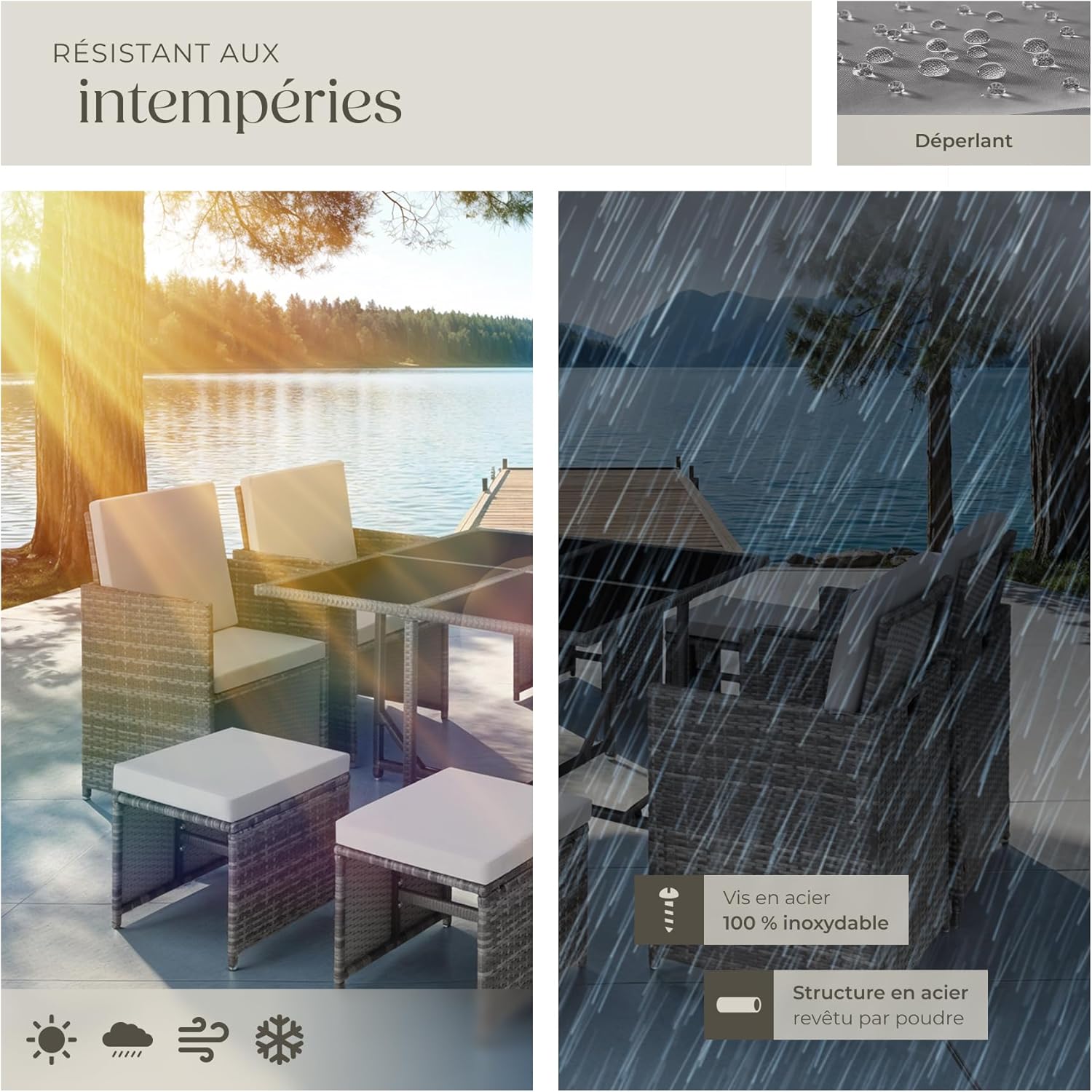tectake - Salon de jardin gris 4 chaises, 4 tabourets, housse, polyrotin