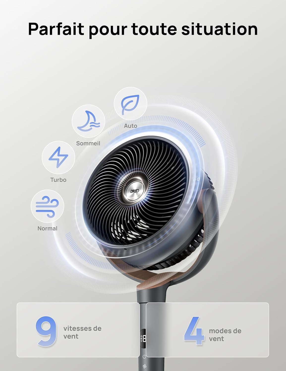 DREO ventilateur sur pied très silencieux avec télécommande, ventilateur grand format 20 dB avec moteur CC, oscillation 120°, 3 modes, hauteur réglable 94–107 cm, ventilateur de sol TurboPoly 512
